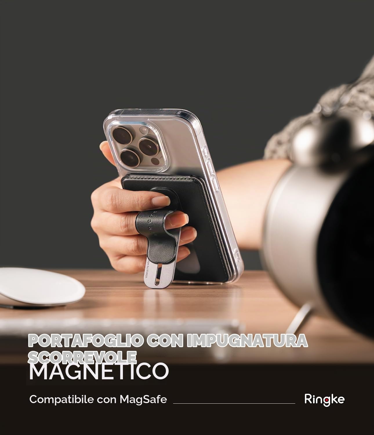 Ringke Slide Grip Wallet Magnetic, Porta Carte Magnetiche in pelle PU con Funzione di Impugnatura Regolabile e Compatibile con Custodie Magnetiche per Telefono - Black