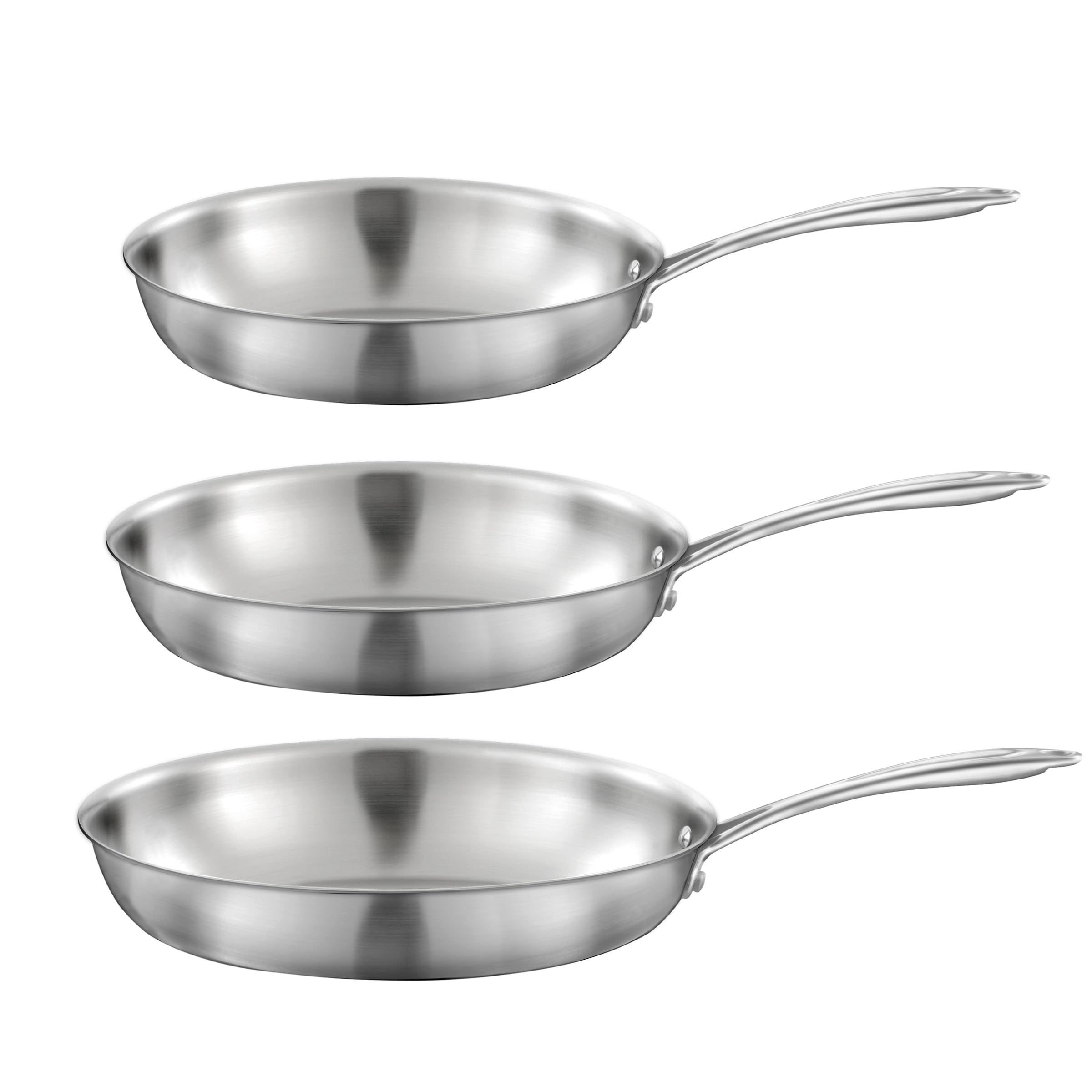 CUISINOX - Gourmet - Lot 3 poêles triply tout inox 24-​28-​32 cm avec poignée fixe - Compatible tous feux - Acier Inox 18/​1 - Finition Satinée - Sans PFAS, PTFE, PFOA - Made in France