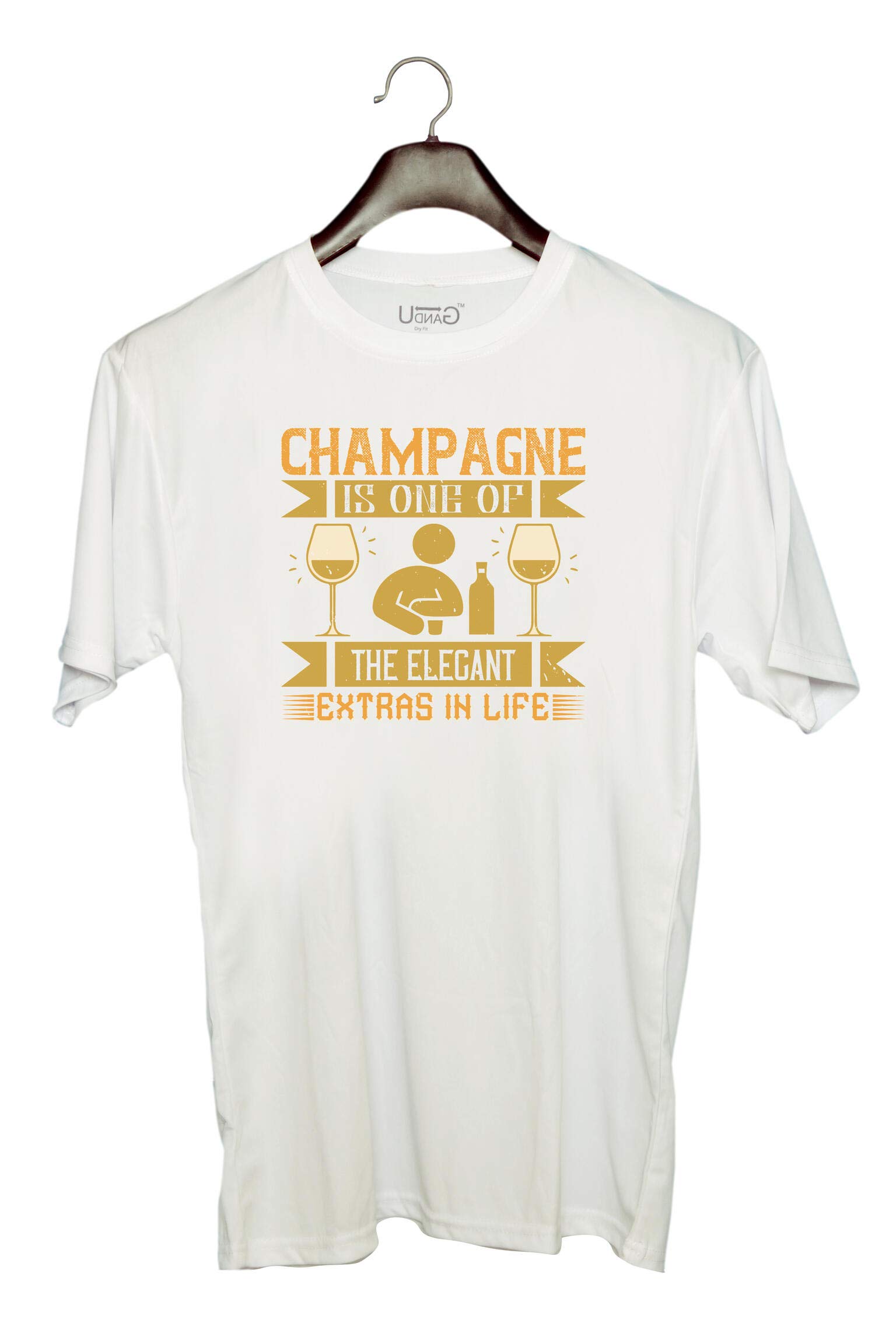 UDNAG Unisex Round Neck Graphic 'Beer, Champagne | Champagne is one of The Elegant Extras in Life' Polyester T-Shirt White [Size 2YrsOld/22in to 7XL/56in]