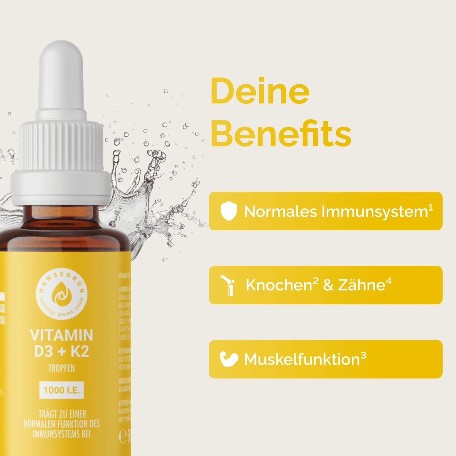 Hansegrün - 2x Vitamintropfen D3K2-30ml - Trägt zu einer normalen Funktion des Immunsystems¹ & Knochen² bei - Nur 3 Zutaten - Vegan & ohne Zusatzstoffe - Öl-Basis - Für 500 Tage