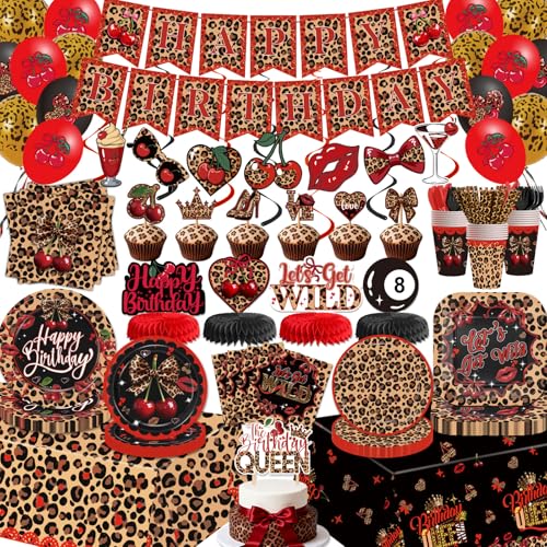220pcs Red Cheetah Prints Birthday Decorations ALL-IN-1 Serve 26