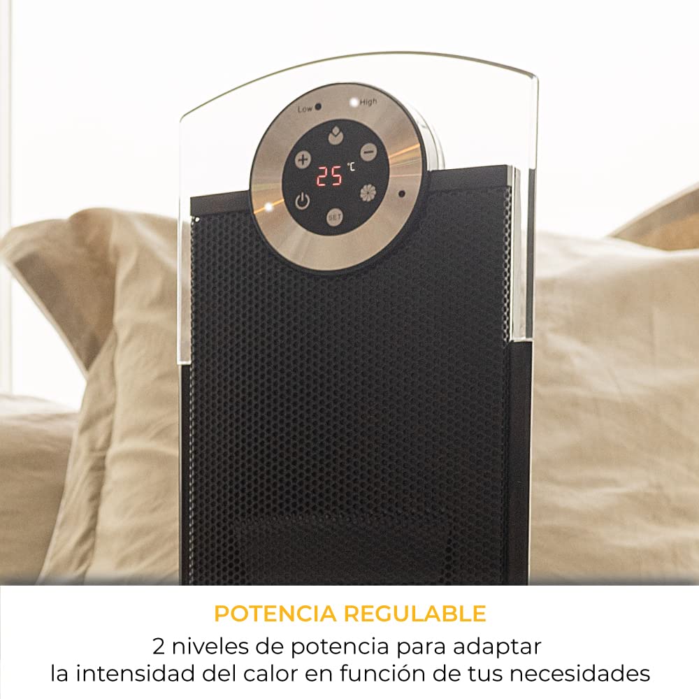 NEWTECK-Calefactor Cerámico Rhapsody, Termoventilador de Torre, 2500W, Temperatura Ajustable hasta 35º, Temporizador 12h. Oscilación 76º, Silencioso, Velocidad 1.6m/s, Mando a Distancia y Panel Táctil