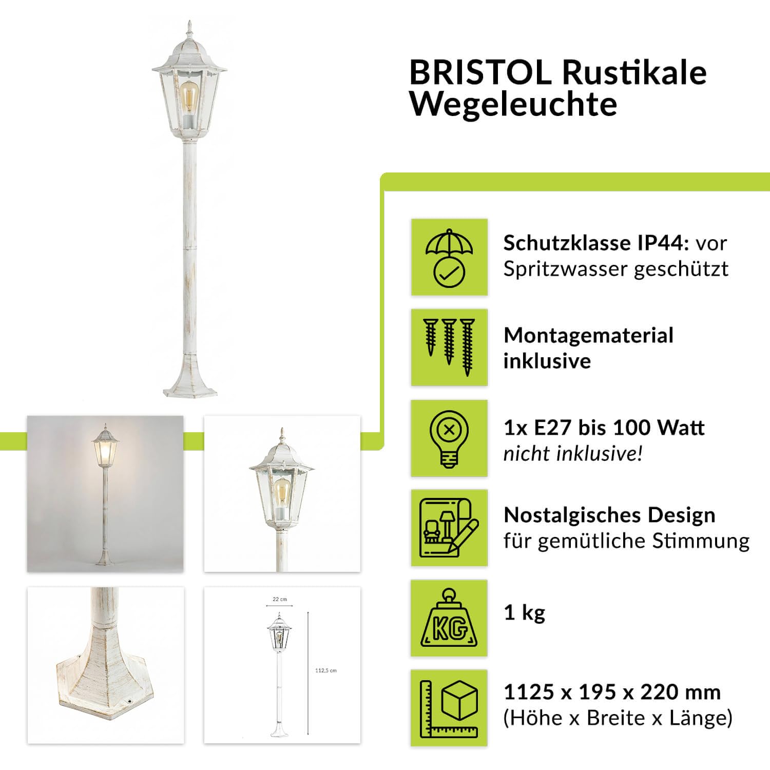 Lampa Ścieżkowa Ogrodowa BRISTOL Biały Metalowy Szklany Klosz 113 cm E27 IP44 Odporna na warunki atmosferyczne Zewnętrzna Lampa Podłogowa Latarnia Uliczna