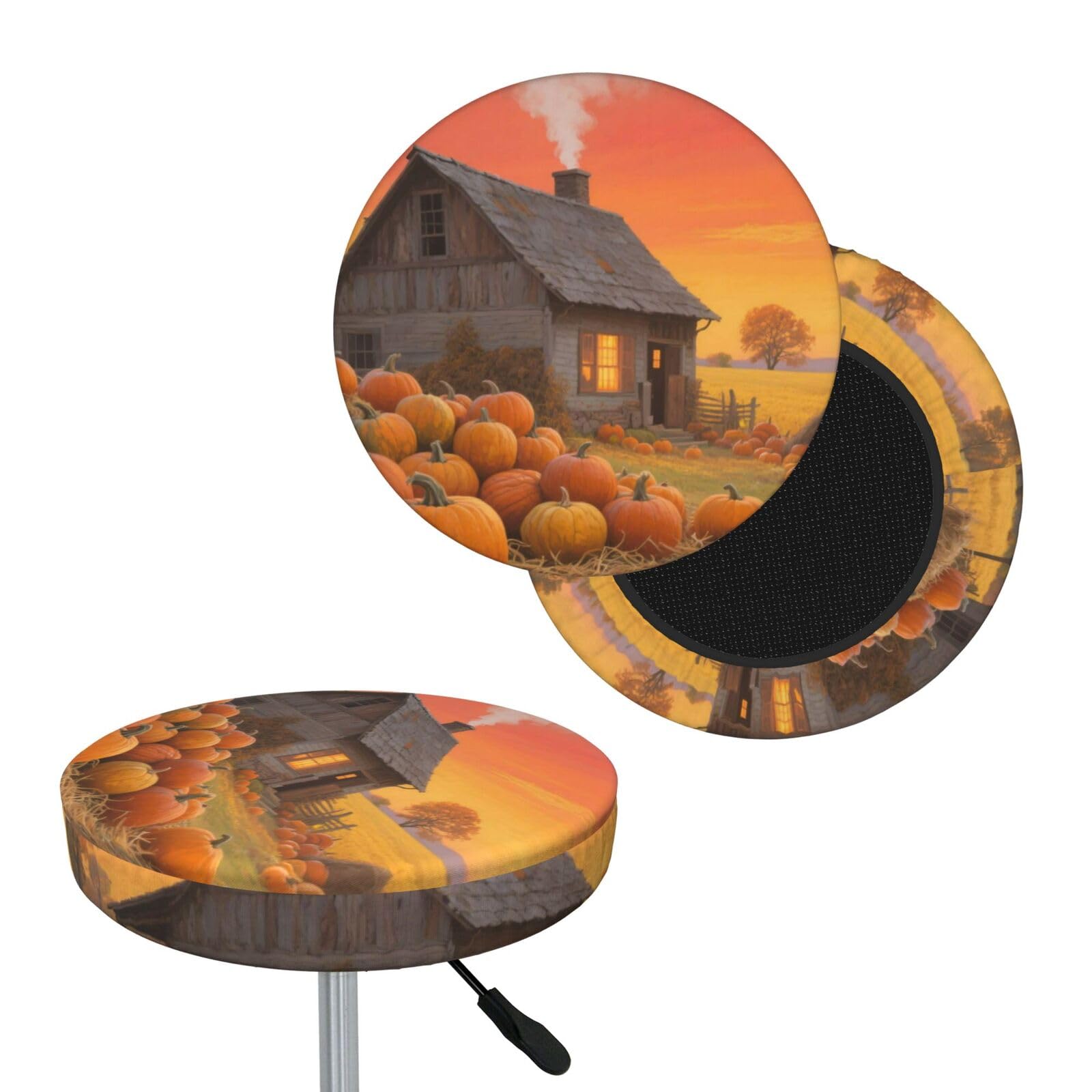 FekiLoot Farmhouse Pumpkin Round Bar Stool Covers Stretch Washable Bar Stool Covers Dustproof Slipcover Bar Chair Covers with Elastic Band for Bar Kitchen Living Room Decor 12 Inch