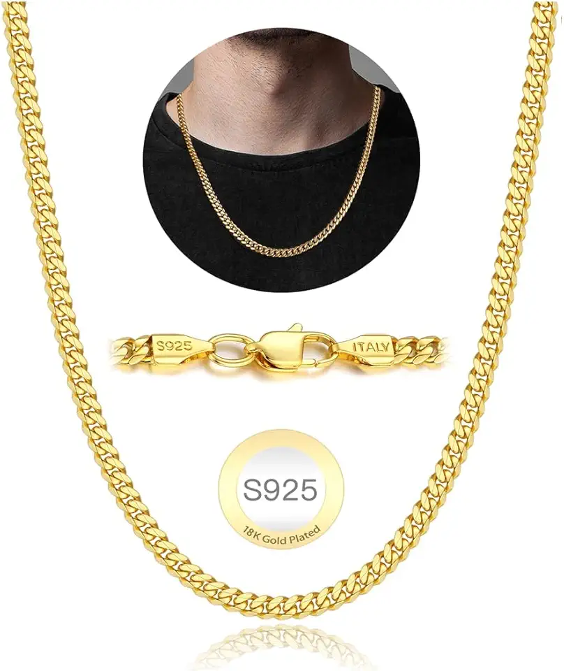 Corrente masculina banhada a ouro 18K Cuabn de 4 mm, prata esterlina 925, Miami Cuban, elos masculinos, hip-hop e legal, 40/50/51/66 cm, 22 Inches, Prata esterlina, Sem Pedra Preciosa