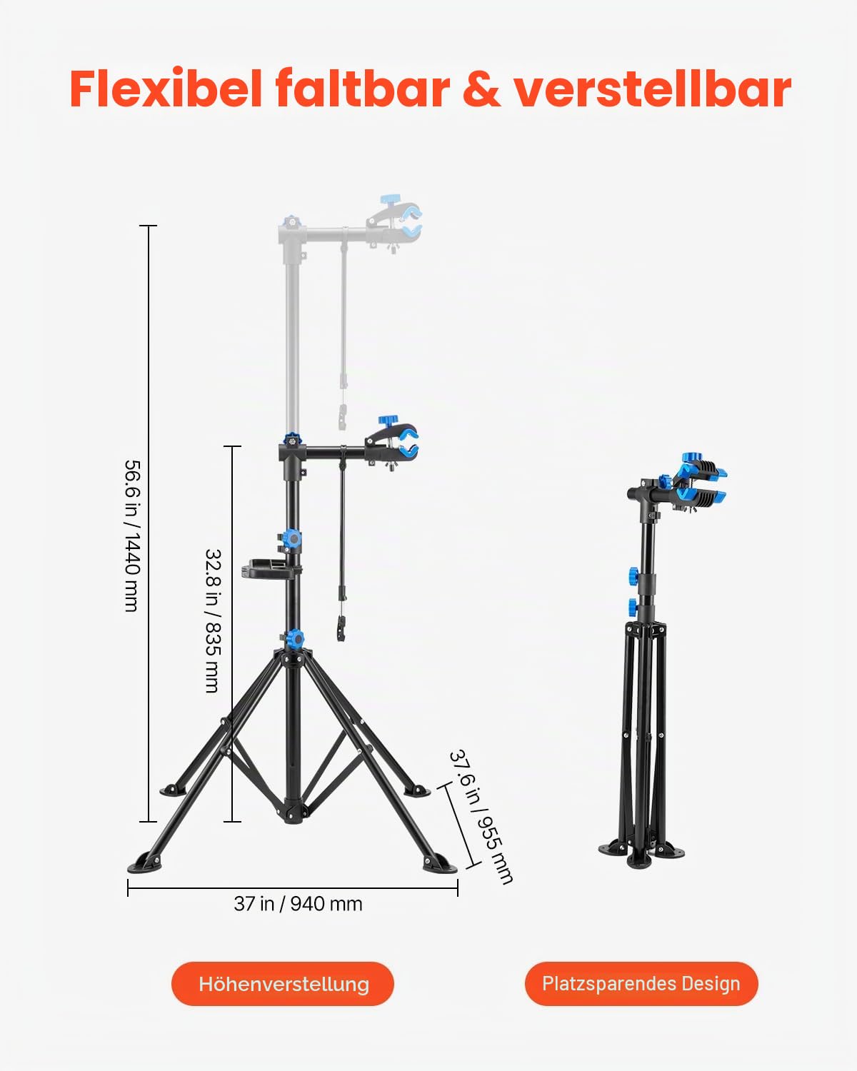 VEVOR Fahrradreparaturständer Fahrradmontageständer (29,9 kg belastbar) mit 835-1440 mm einstellbarer Höhe & magnetischer Werkzeugablage, faltbarer Wartungsständer für Mountainbikes Road Bike