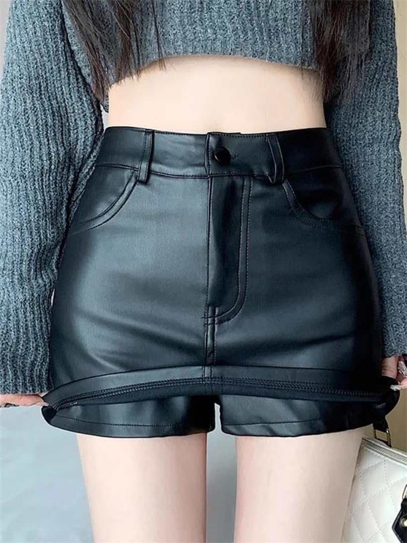 Kelsiop Falda de piel sintética para mujer, cintura alta, minifalda, color negro y marrón, pantalones cortos para discoteca