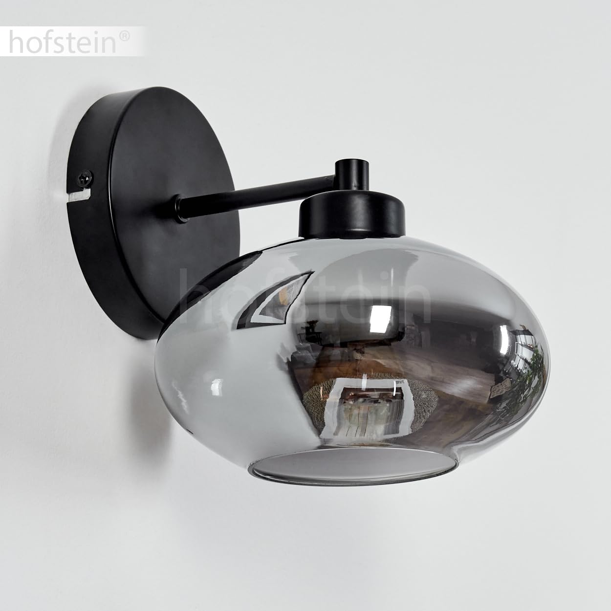 Wandleuchte Haikala, moderne Wandlampe aus Metall/Glas in Schwarz/Rauchfarben, Retro/Vintage Leuchte Up mit Schirm aus Rauchglas (Ø 18,5 cm), 1-flammig, 1 x E27, ohne Leuchtmittel