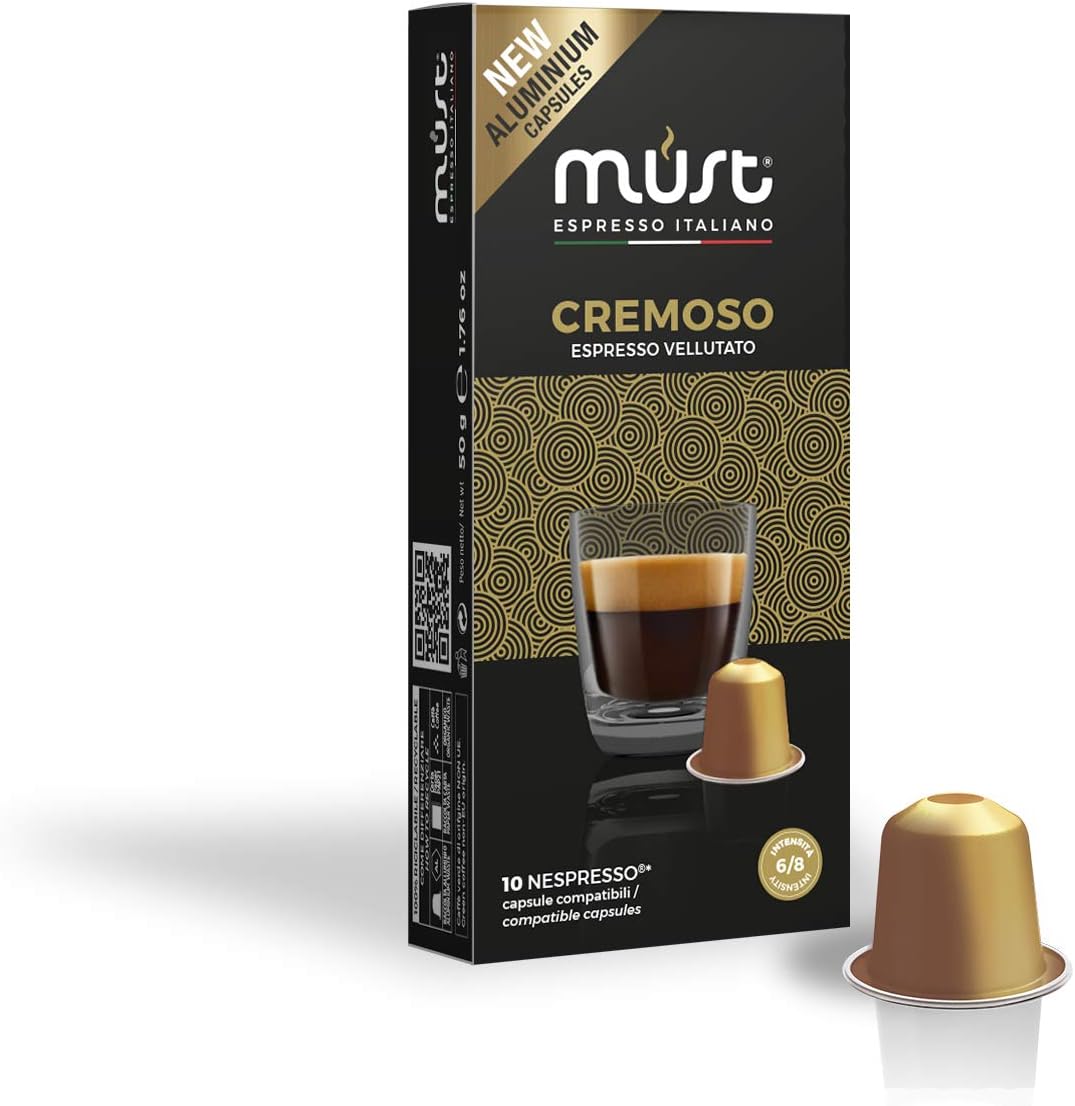 MUST, 100 Coffee Capsules in 100% Recyclable Aluminum, Cremoso Blend Intensity 6/8, 10 Packs of 10 Capsules, Compatible with Nespresso Machine, Made in Italy