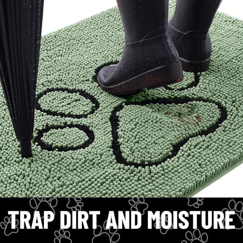 Image of Smiry Dog Door Mat for Muddy Paws, Absorbent Dirt Trapper Non Slip Quick Dry Washable Chenille Mat for Mud Dogs, Entry Rug for Indoor and Outdoor (40x32 Inches, Olive Green and Black)