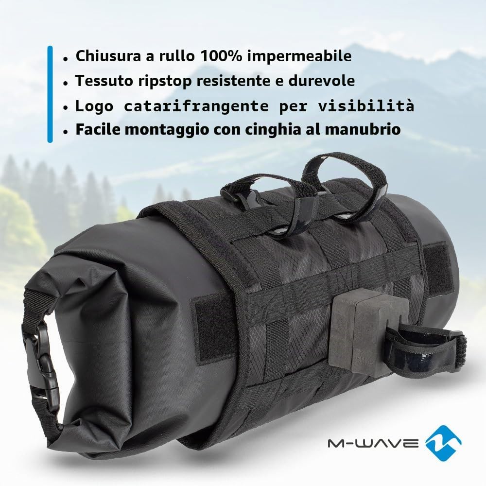 M-Wave Borsa per manubrio bicicletta, impermeabile, riflettente, ROUGH RIDE FRONT BLACK SERIES