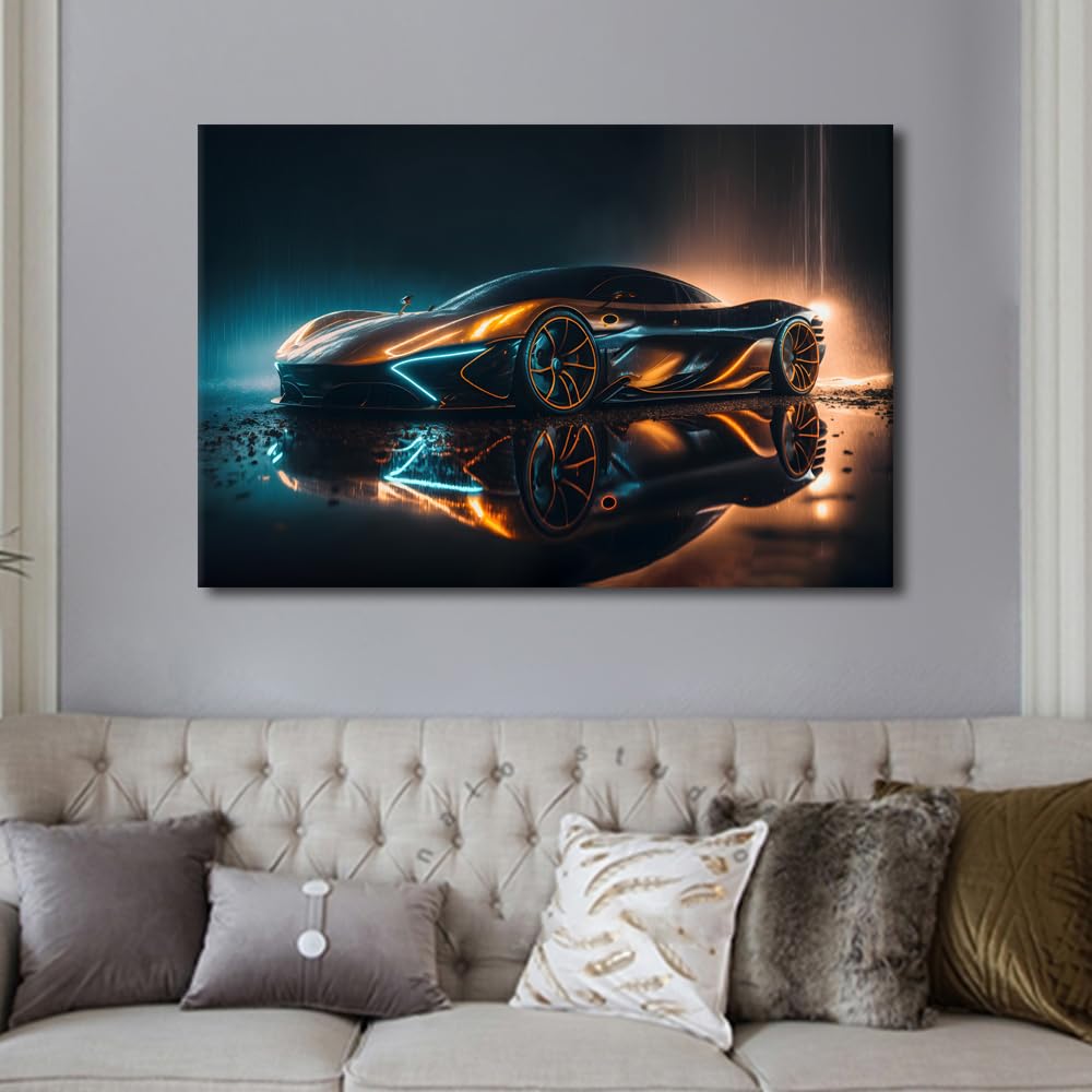 1 panneau sur toile d'art mural élégant futuriste voiture de luxe, surfaces métalliques réfléchissantes brillantes couvertes de gouttes de pluie, œuvre d'art sur toile pour décoration de maison,