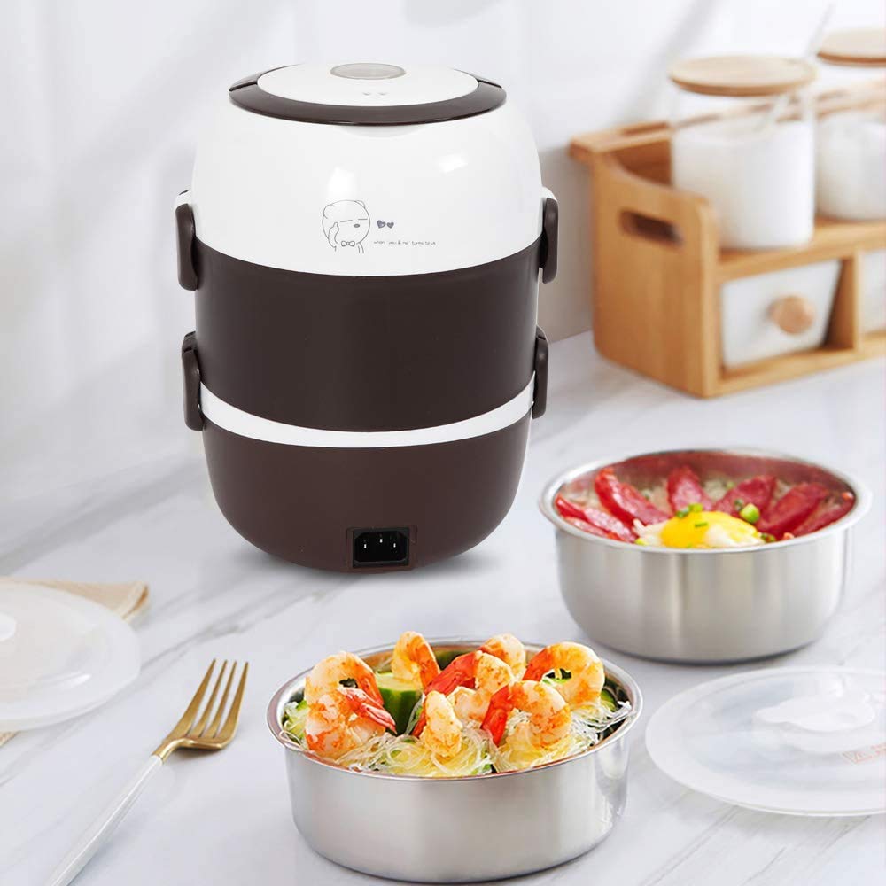 Electric Lunch Box Rice Cooker- 3 Layers 2L Portable Rice Food Heater Warmer w/Steaming Rack, Stainless Steel Food Steamer for Office Home To-go Food 110V