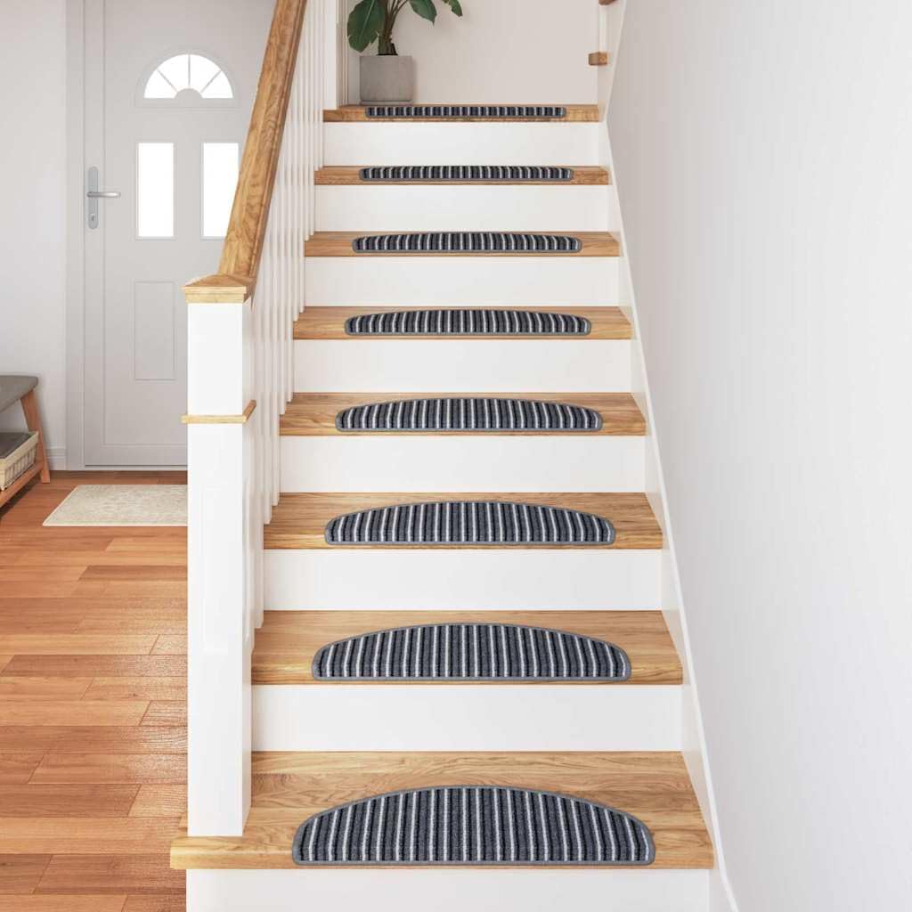 Selbstklebende Stufenmatten 15er Set Grau 65x21 cm Halbrund Gestreift Lärmreduzierend Rutschfester Treppenschoner aus 100% Polypropylen Modernes Design für Flur Wohnzimmer Schlafzimmer