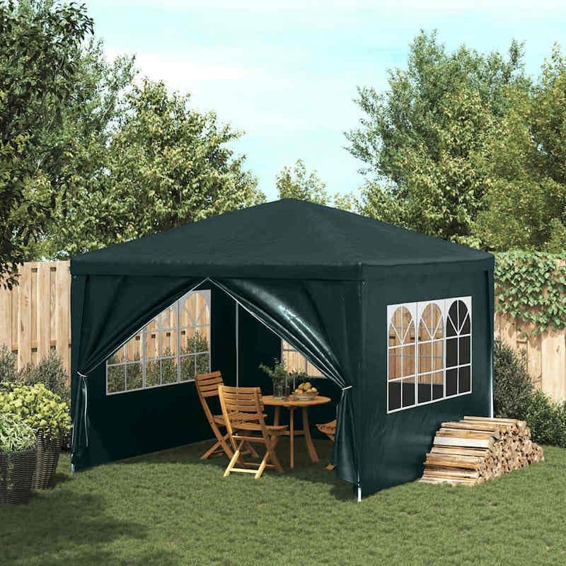 Carpa para fiestas de 3 x 3 m, color verde, con techo de polietileno y paredes laterales y marco de acero, ideal para jardín, camping y eventos al aire libre, robusto y resistente a la intemperie