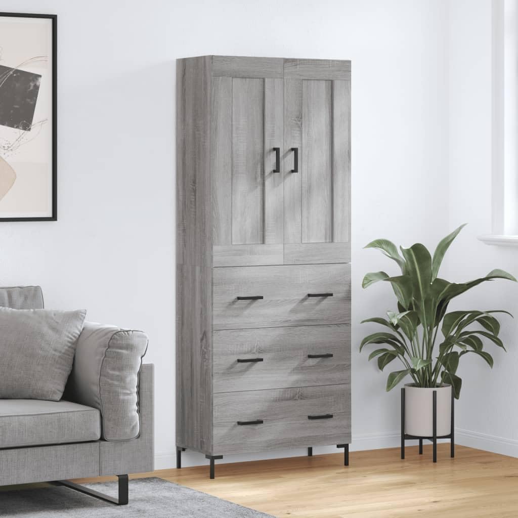Wysoki kredens Sonoma szara sklejka wysoki kredens z żelaznymi drzwiami i nogami, eleganckie meble do przechowywania do organizacji domu 69,5 x 34 x 18
