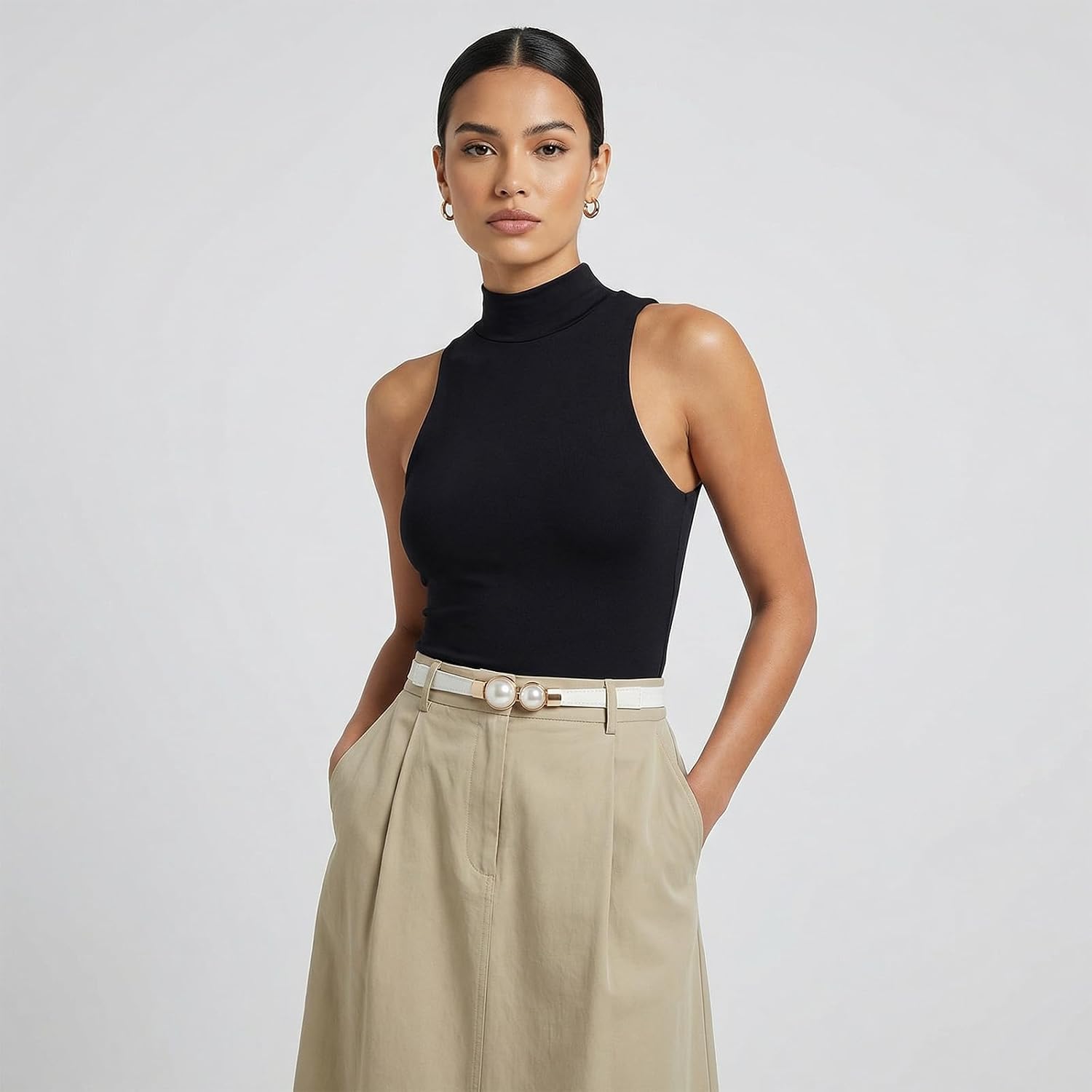cobee White Belts for Women, Skinny Stretchy Waist Belt Elastic Pearl Buckle Thin Waistband for Women Dress