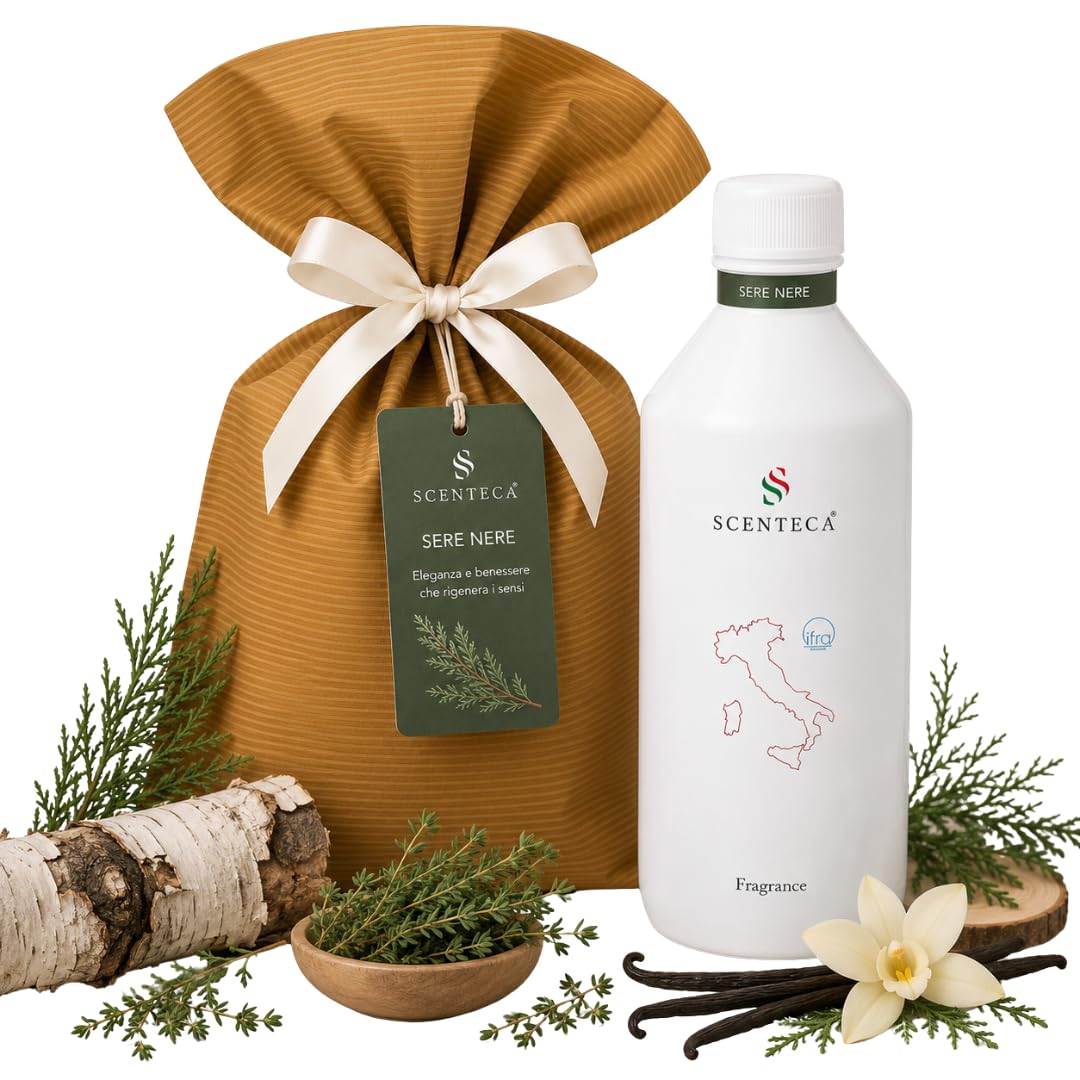 Nachfüllung für Kaltvernebelungs-Diffusoren Duft Sere Nere, Raumduft mit ätherischen Ölen aus Zypresse, Thymian, Birke und Vanille, frischer und holziger Duft für Zuhause und Büro, 250 ml