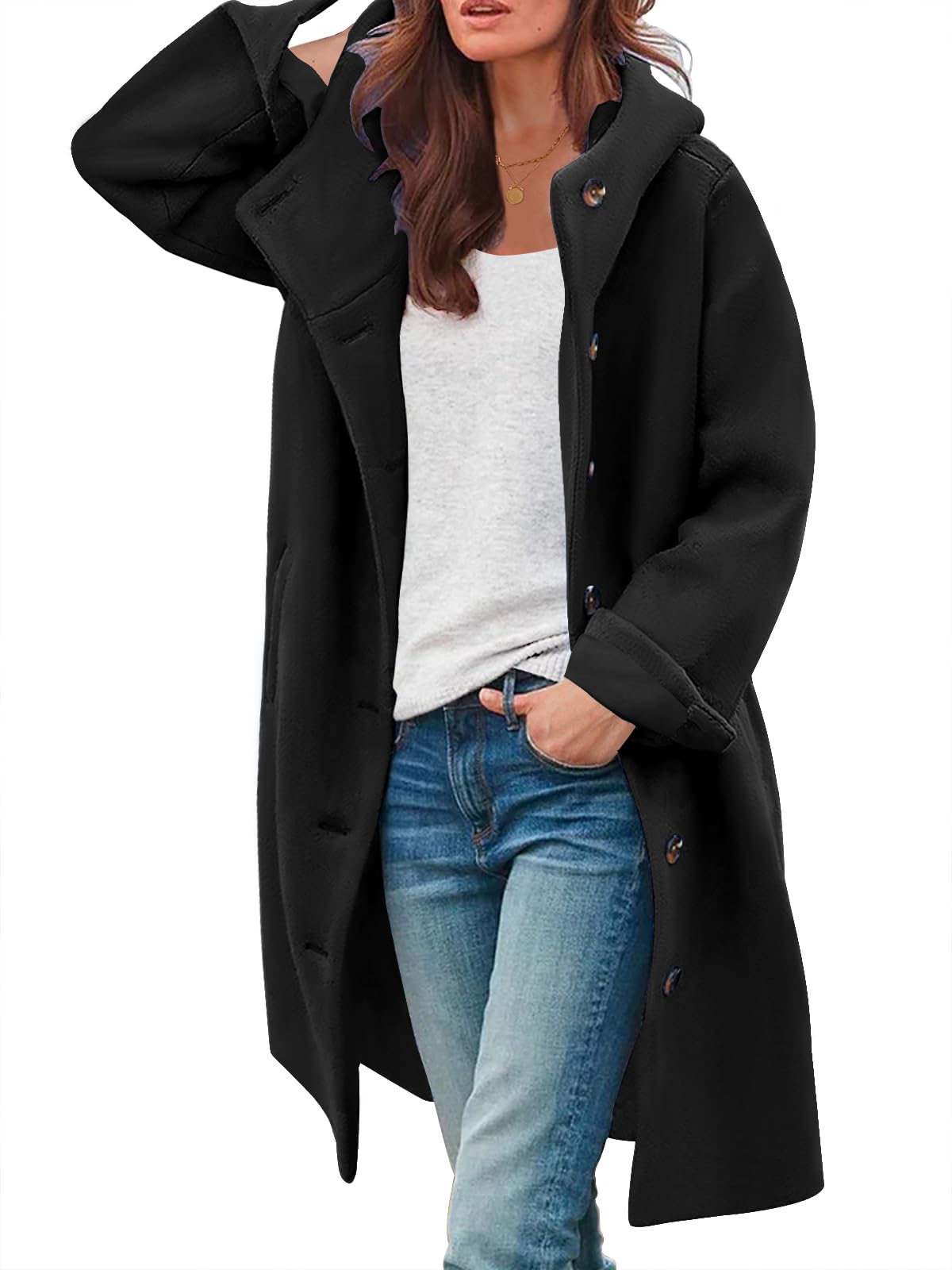 saukole Womens Wool Blend Pea Coat Fashion Winter Dressy Overcoat Single Breasted Trench Jackets with Hood, Black, Large-picture-23