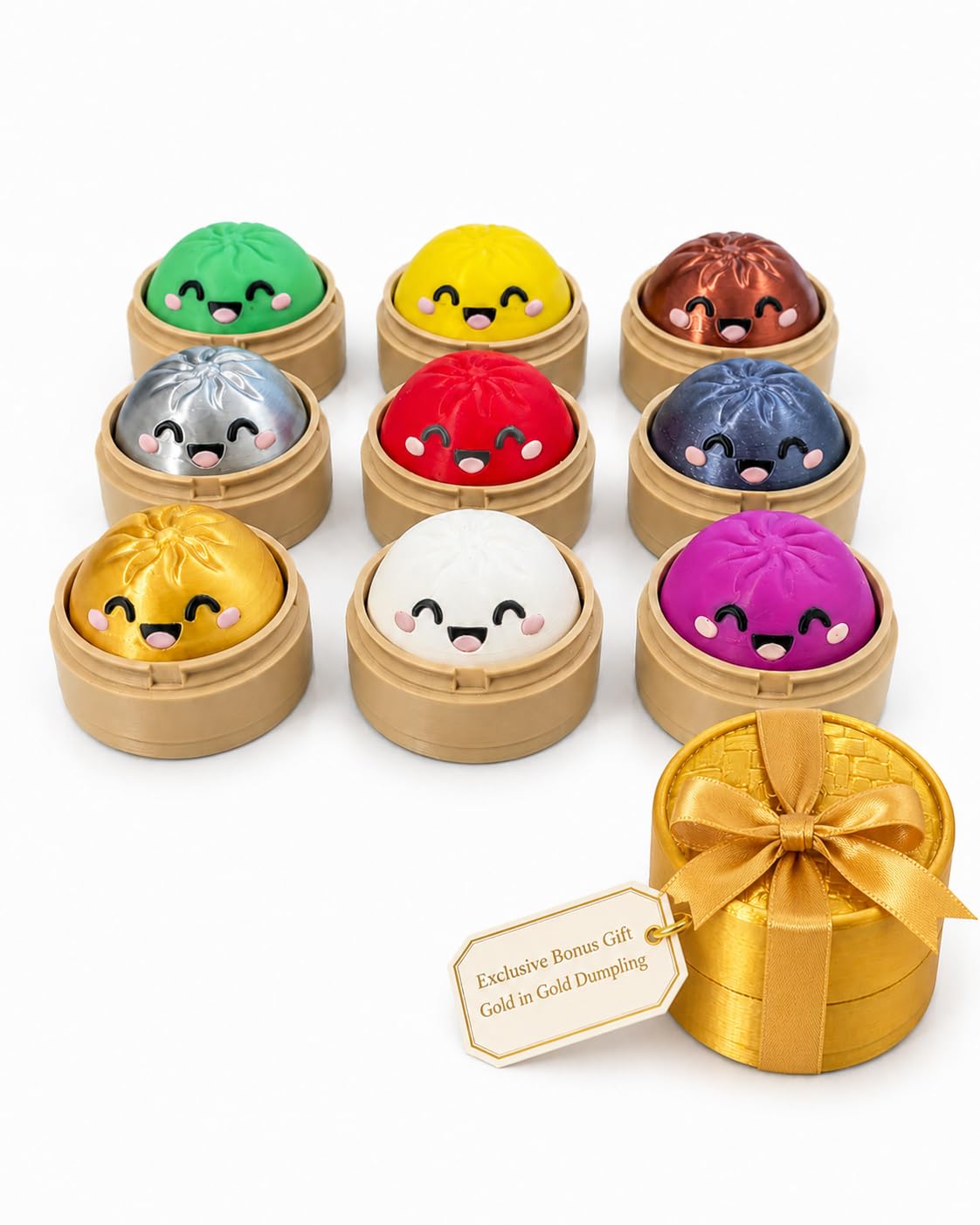 Dumpling Clicker 10er Komplettset – 10 Farben ohne Dopplung | inkl. exklusivem Gold in Gold Dumpling | 3D-gedruckte Sammelfiguren mit Klickmechanismus & Körbchen - Keine Dopplung