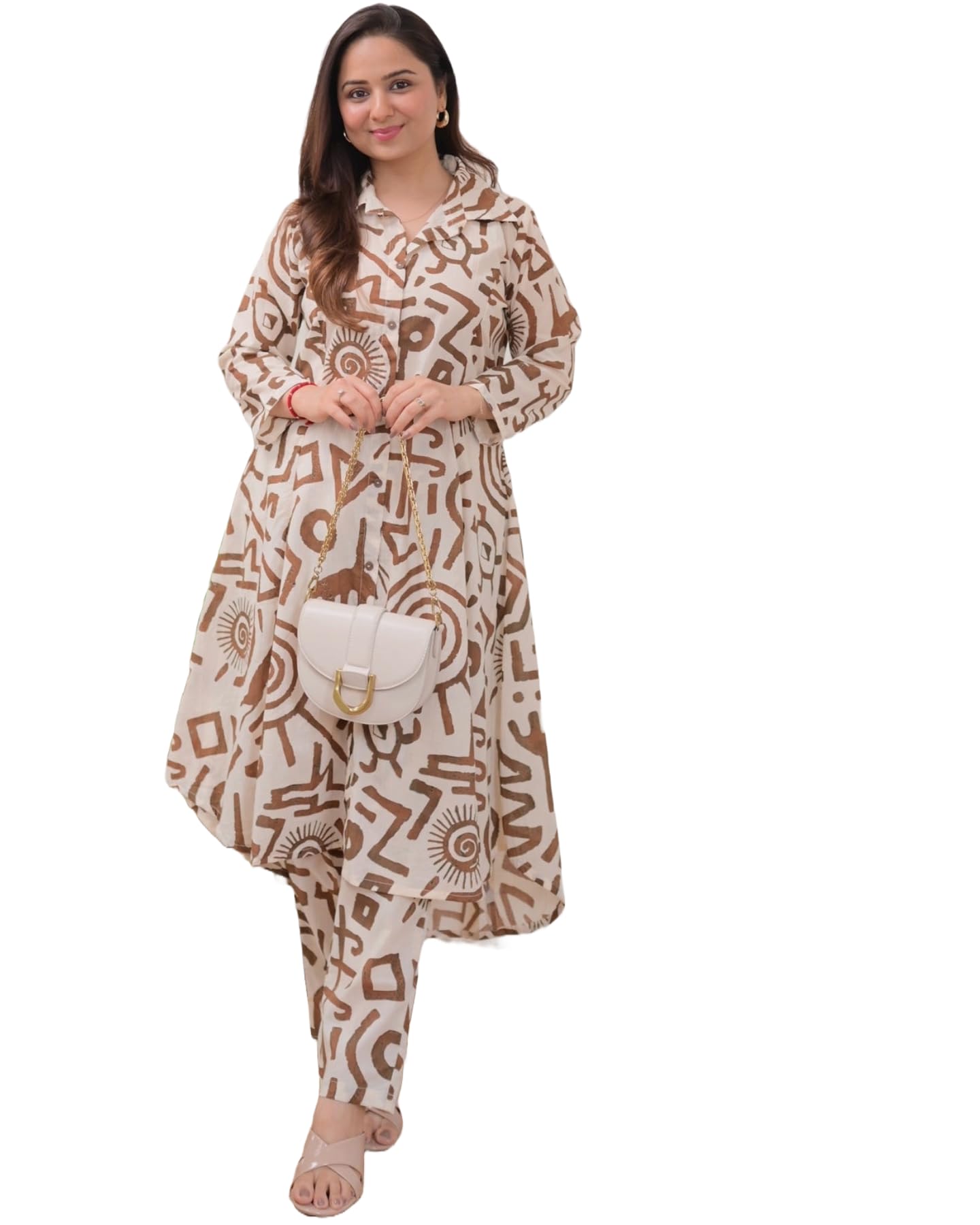 Cotton Co-ord Kurta Pant Dress: Brown Tribal Print, Regular Fit, V-Neck, 3/4th Sleeves for Women and Teenage Girls | Coord Set for Women and Teenage Girls-image-15