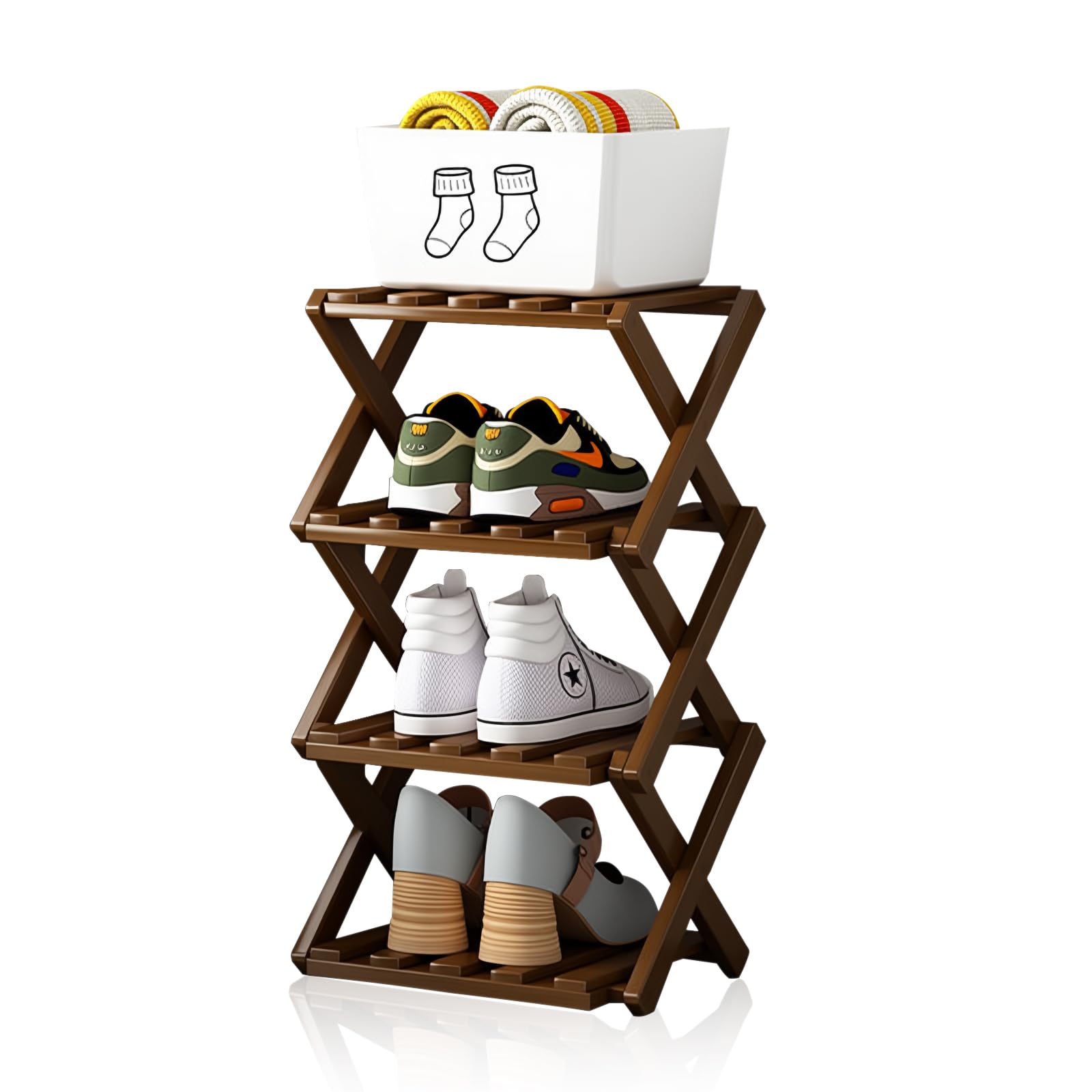 QKNOSM Vertikales Schuhregal Klein, 4 Ebenen Faltbares Vertikales Schmales 54x26 cm Faltbares Bambus Schuhregal Klappbares Bambus Schuhschrank Regal für Eingang Schlafzimmer Ecke