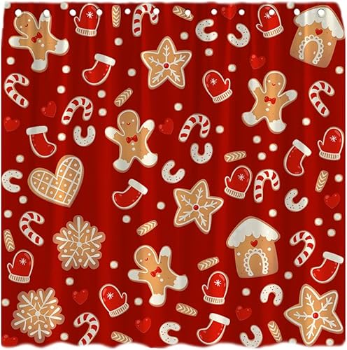 Cortina de ducha de pan de jengibre de Navidad, diseño de galletas, lindo hombre de jengibre, copo de nieve, vacaciones de invierno, feliz año