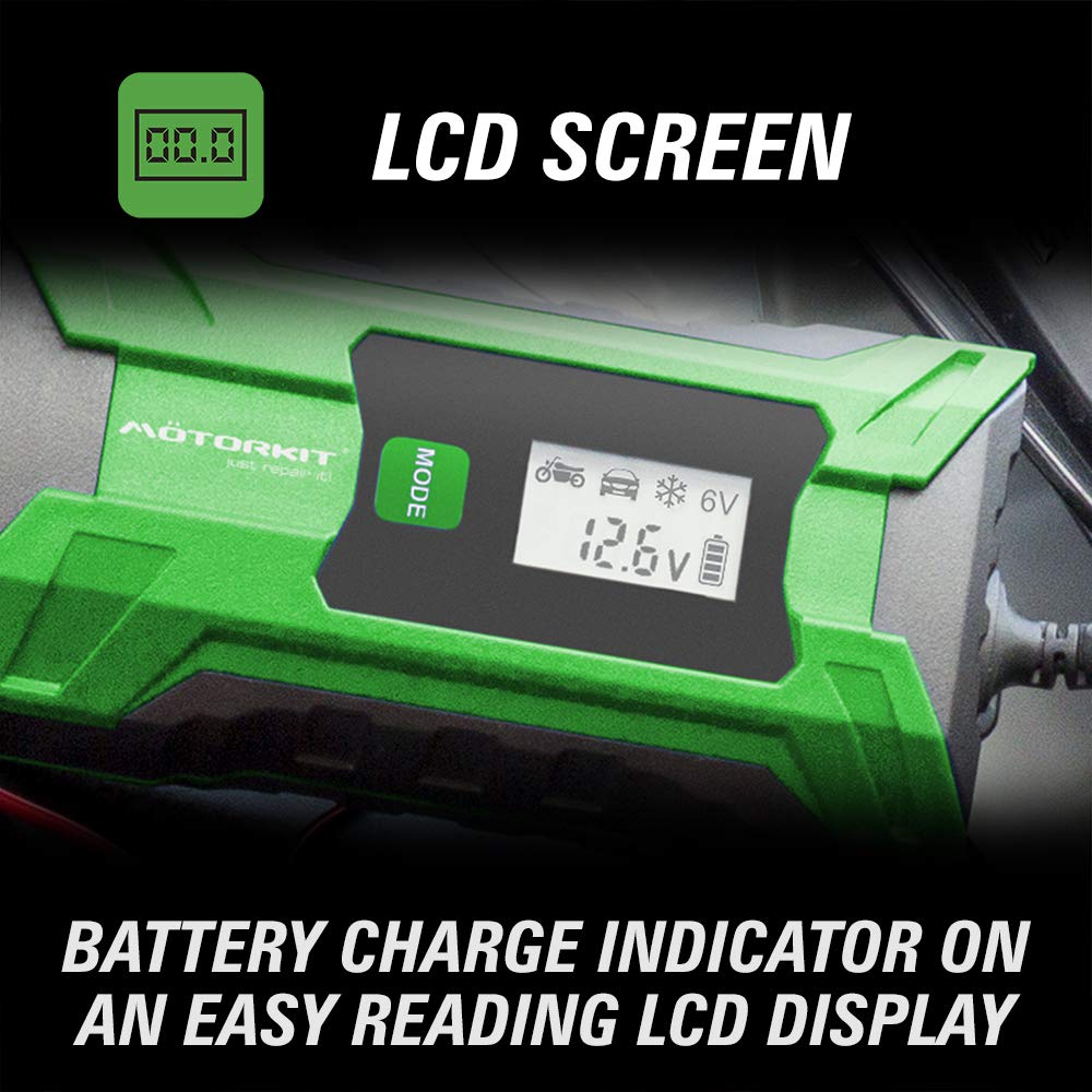 Motorkit MOTOR16519 Batterieladegerät mit LCD Anzeige, 4A, für Bleibatterien, mit intelligentem
