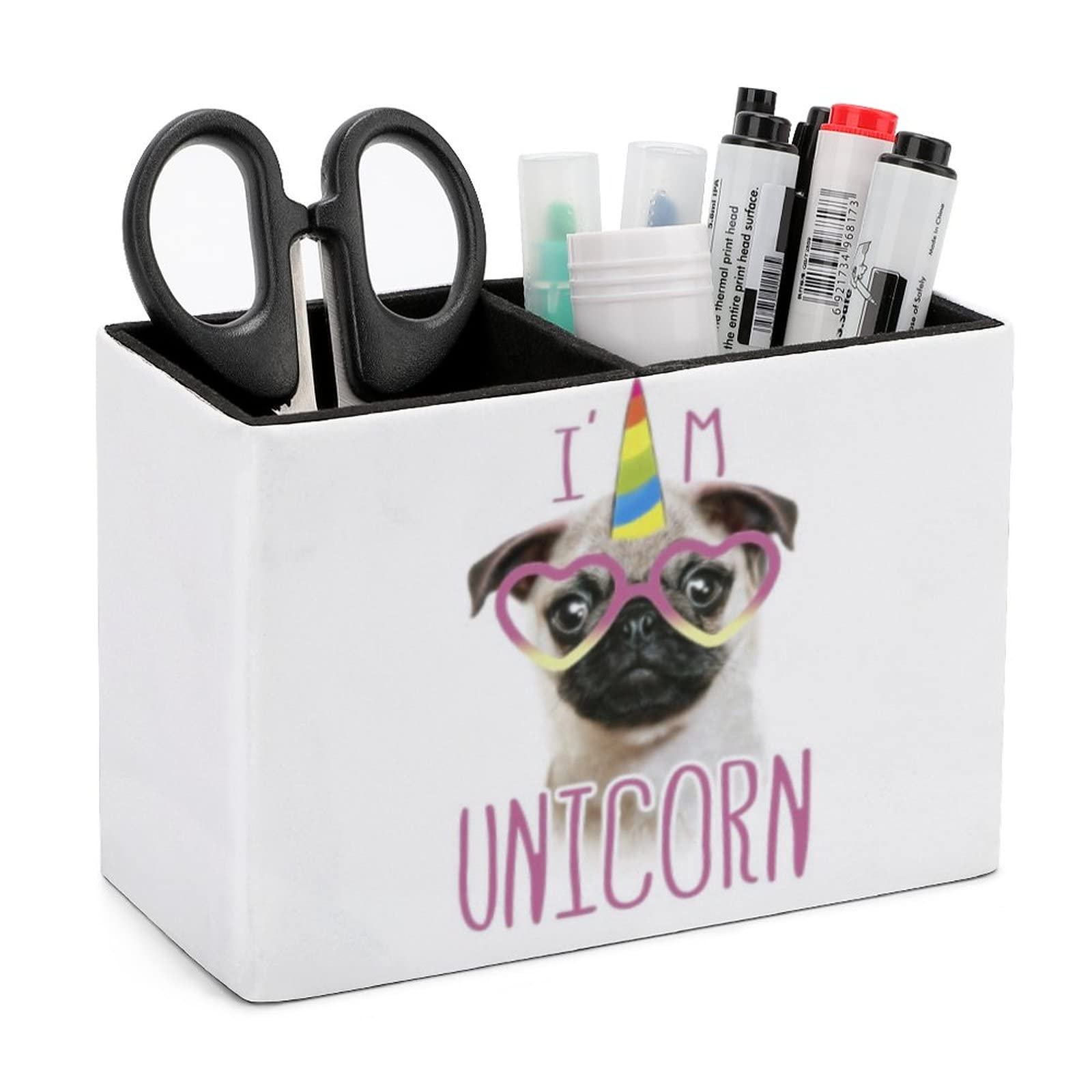 Niapessel Pencil Holder for Desk, Cute Pugs And Unicorns Pen Holder Storage Desktop Pen Organizer Desk Pencil Organizer Makeup Brush Holder for Office School College Leather