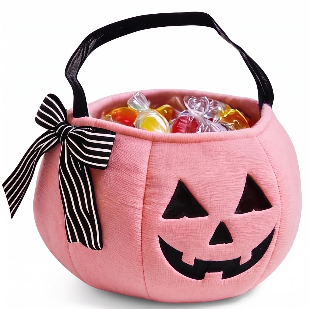 Halloween Buckets, Halloween Pumpkin Bucket - Cute Pumpkin Design With Embroidery & Stripe Bow For Kids Style 1