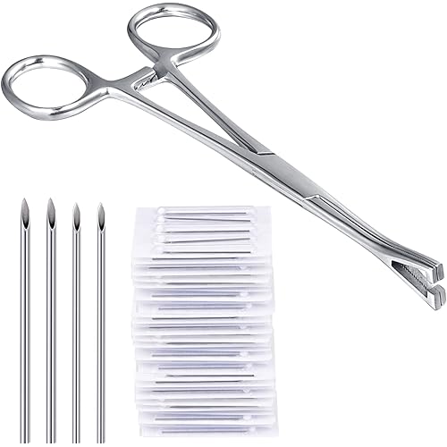DJCIW Piercing Clamps with 20pcs Piercing Needles 14G 16G,Stainless Steel Triangle Slotted Metal Piercing Clamps Forceps for Belly Nipple Tongue Ear Piericng