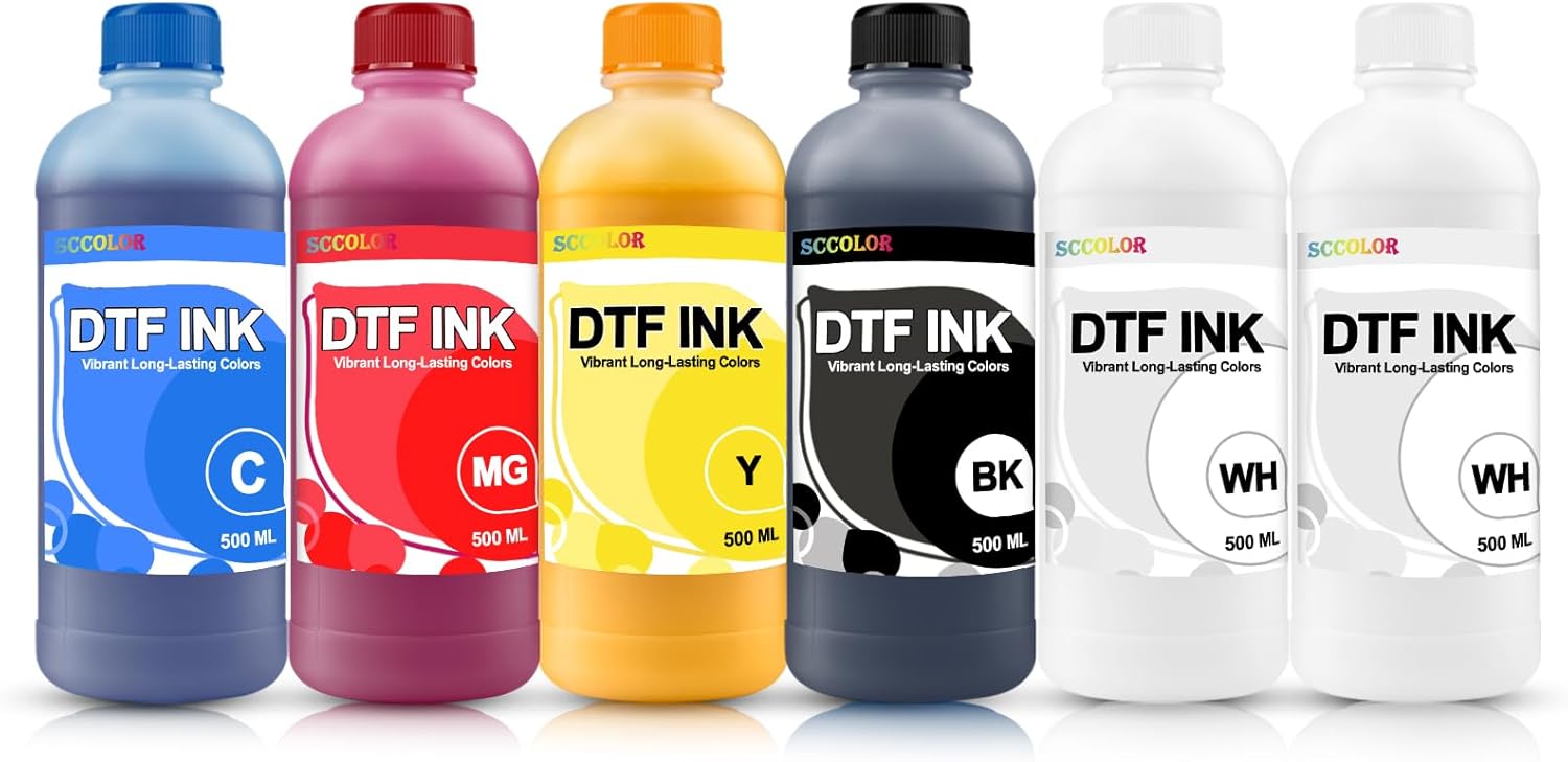 DTF INK Combo Pack 500ML-Premium Direct-to-Film Transfer Ink for PET Film Compatible for Printheads L1800 L805 R1390 4720 I3200 XP600 DX7 DX5 5113(2 White,1 Black,1 Cyan,1 Magenta,1 Yellow)