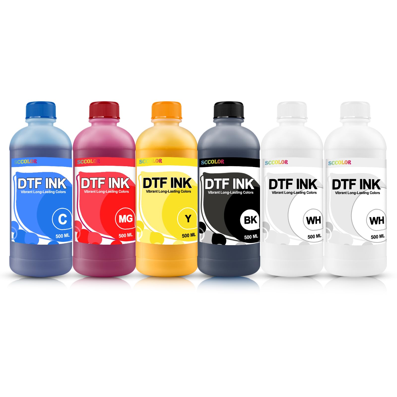 DTF INK Combo Pack 500ML-Premium Direct-to-Film Transfer Ink for PET Film Compatible for Printheads L1800 L805 R1390 4720 I3200 XP600 DX7 DX5 5113(2 White,1 Black,1 Cyan,1 Magenta,1 Yellow)