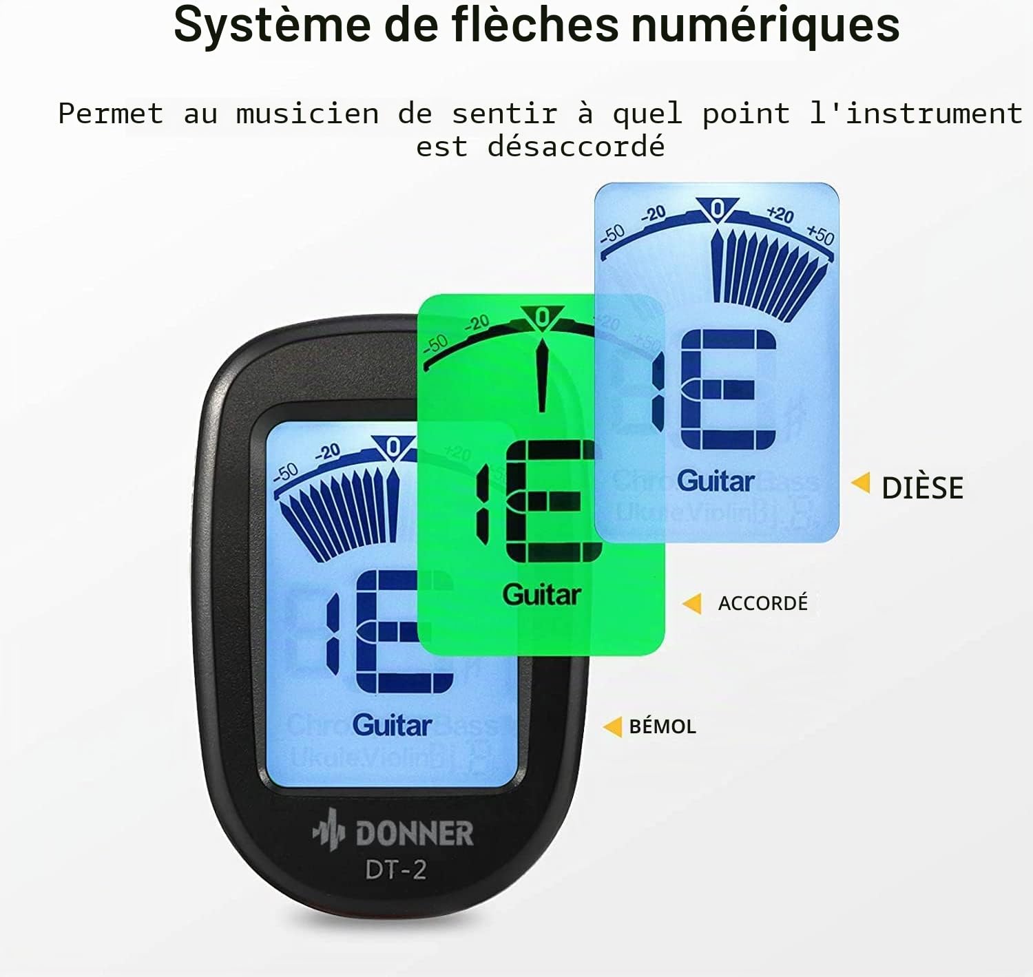 Donner Accordeur de Guitare Chromatique à Pince Tuner Portable pour Guitare, Basse, Violon, Ukulélé et Banjo, avec Ecran LCD 360° Rotation, Batterie Incluse (DT-2)