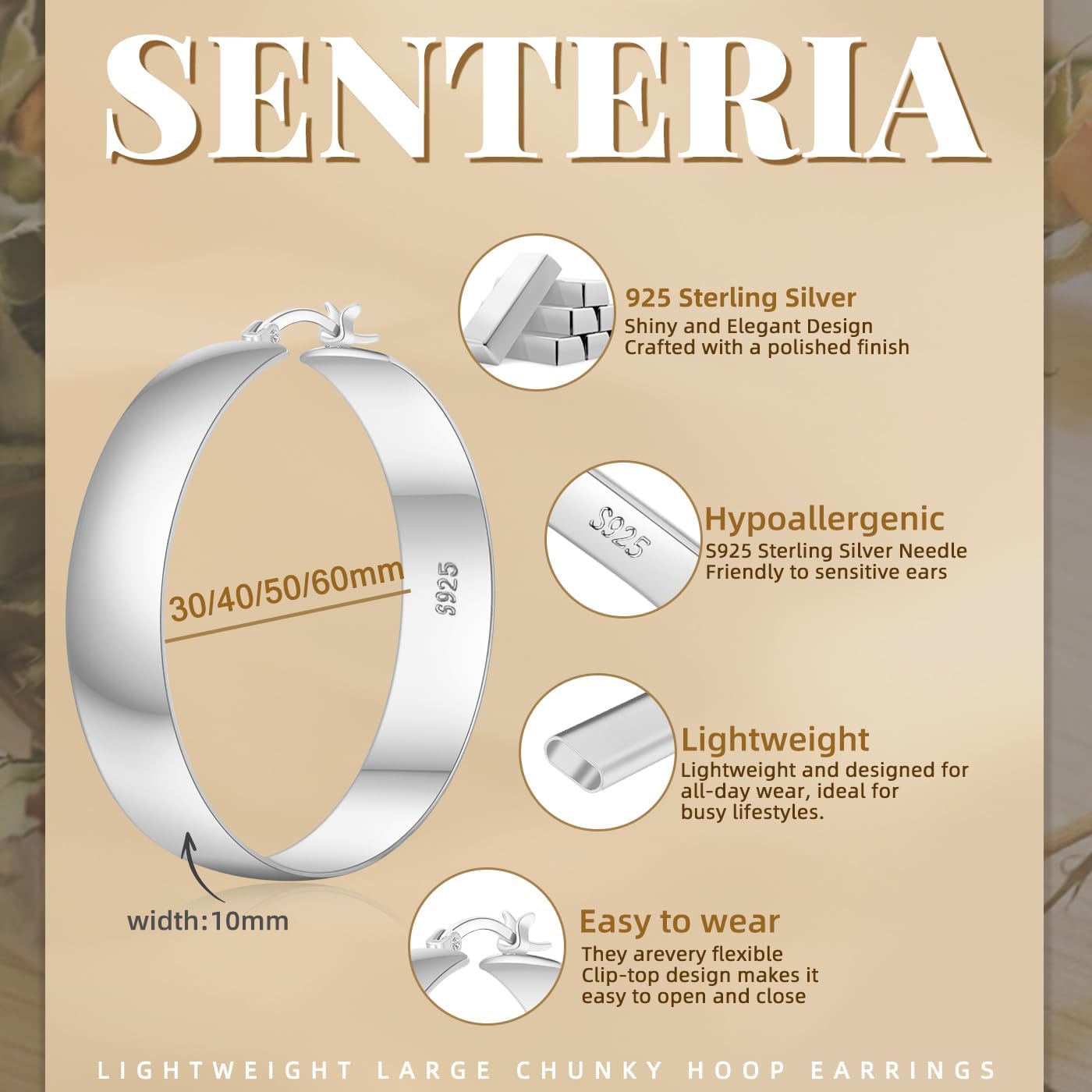 Senteria 10mm Wide Chunky 14K Gold Plated Hoop Earrings for Women Hypoallergenic Thick 925 Sterling Silver Hoops Earring Lightweight Large Silver Hoop Earrings for Women (30/40/50/60MM) - Image 4