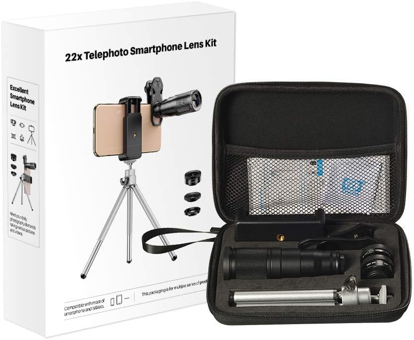 Contents of the Apexel Phone Lens Kit packaging, showing all lenses, tripod, clip, and case.