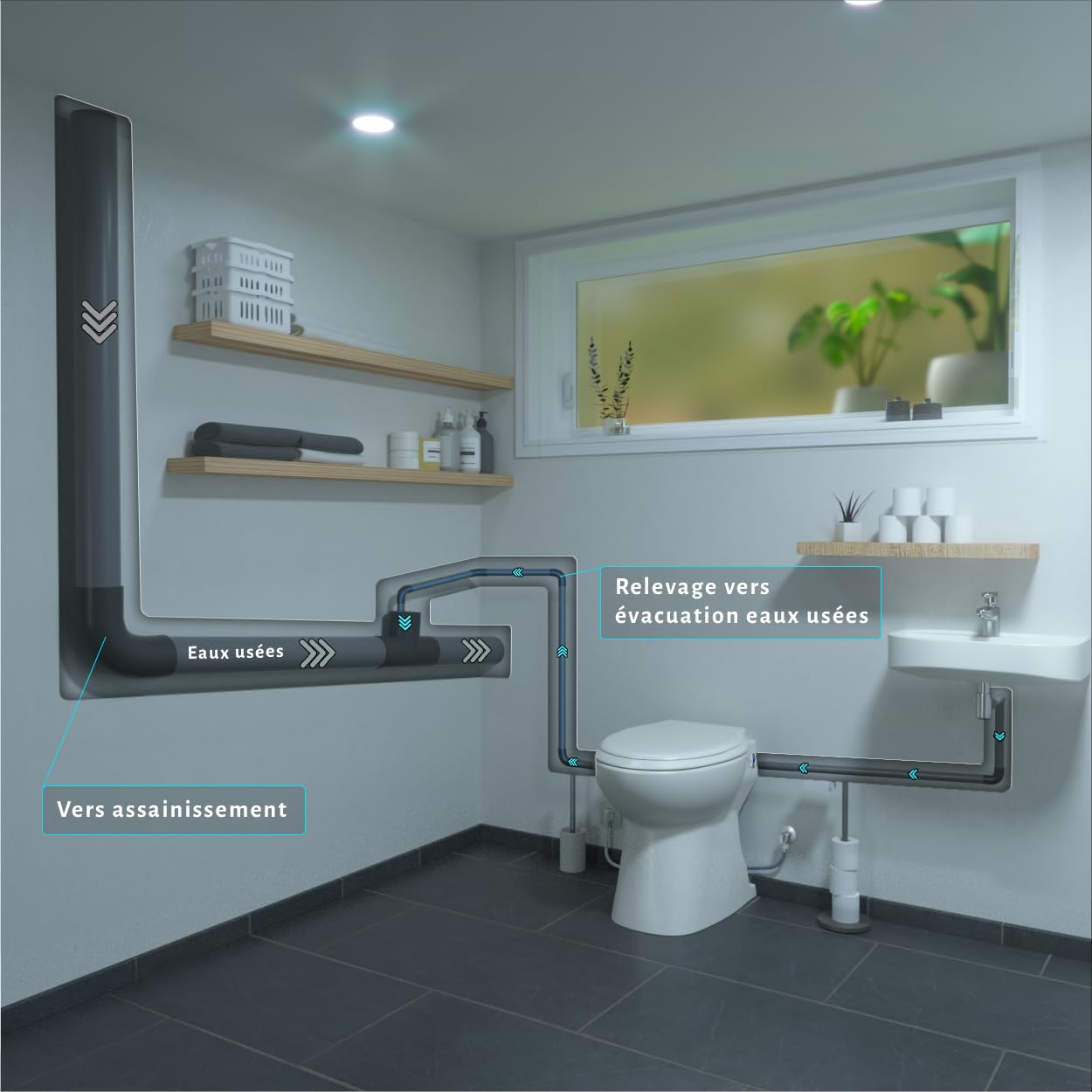 Silence + con opción lavabo/lavado a mano – Inodoro para colocar trituradora integrada, inodoro trituradora silenciosa|Compacto|Fabricación francesa
