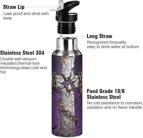 Miniatura 3 de Gothic Cross Chain Lock Purple Lightweight Reusable Water Bottle Insulated with Straw Keeps Hot and Cold for HomeOfficeTravelSportsSchool 32 OZ