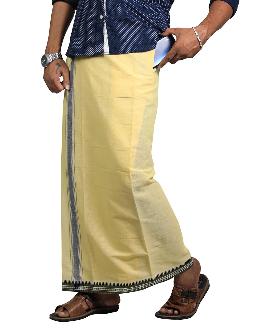 Prakasam Cotton Mens Cotton Kerala Thalapathi Border Welcro Pocket Dhoti (Size -S Size Dhoti) / Yellow Colour Thalapathi Adjustable Pocket Dhoties For Mens