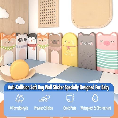 Miniatura 6 de Acolchado de pared de piel sintética autoadhesivo, paneles de pared 3D para habitación de niños, calcomanía extraíble con patrón de animales (color