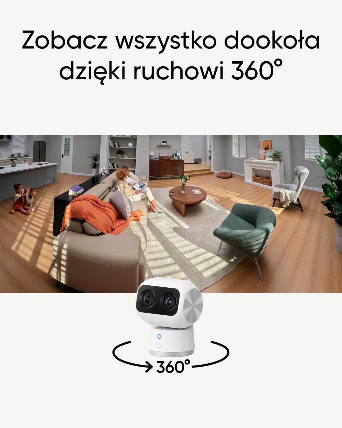 eufy Security Indoor Cam S350, podwójna kamera, rozdzielczość 4K UHD, kamera monitorująca z 8 × zoom i 360° PTZ, człowiek/zwierzęta, idealna do elektronicznej niania/kamery dla zwierząt
