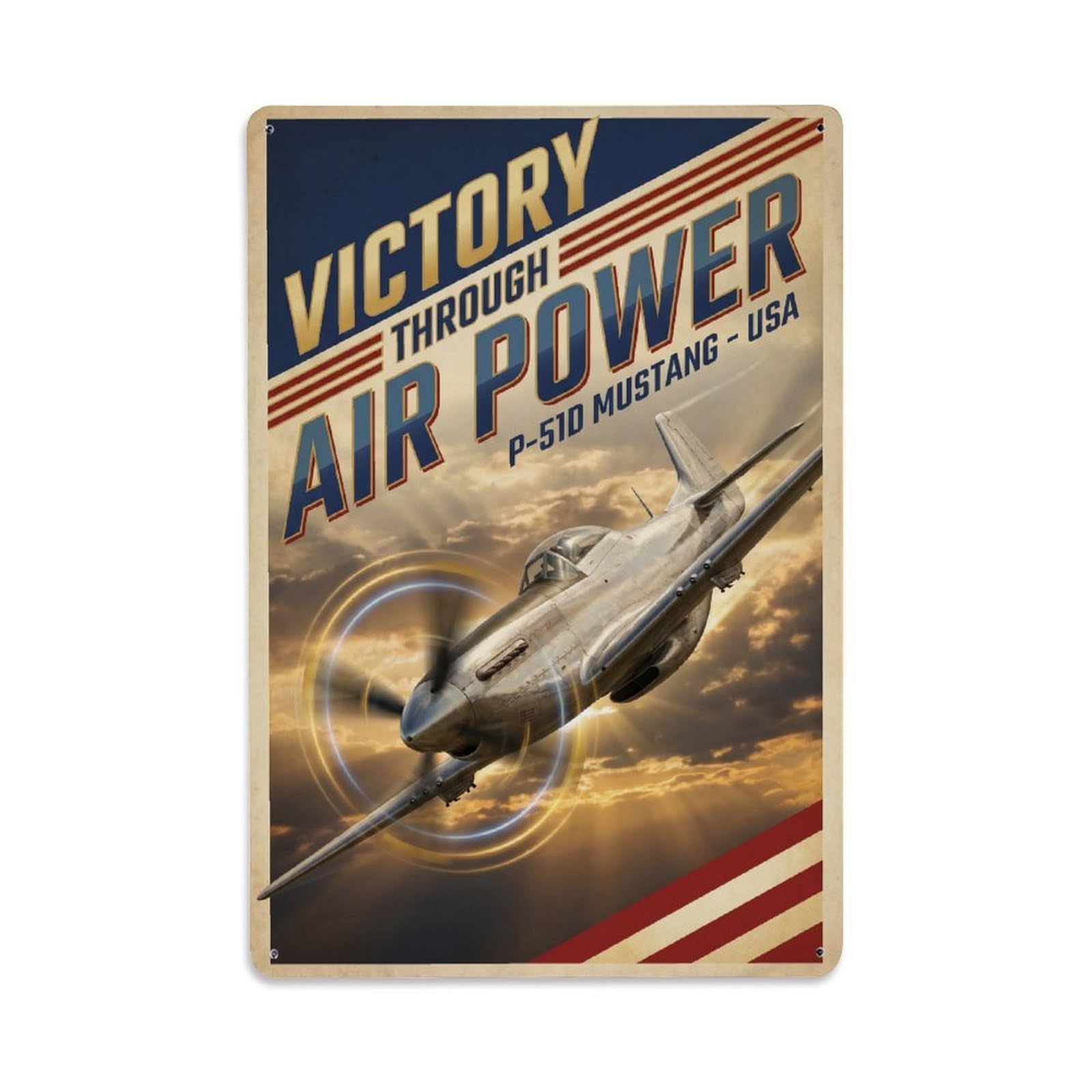 Heroic Realism P-51D Mustang US WWII Military Metal Tin Sign Plaque Wall Decor for Cafe, Man Cave, Club Bar, Office, Home Garden Round Metal Poster 8x12Inch