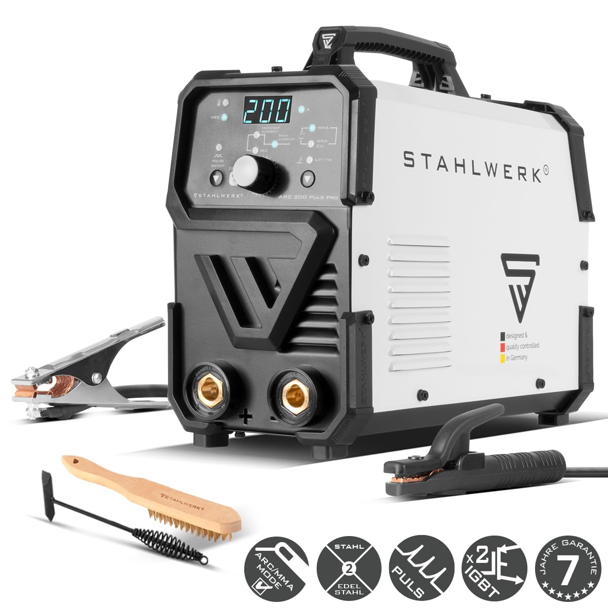 STAHLWERK Elektroden-Schweißgerät ARC 200 Puls Pro – Schweißen ohne Schutzgas, kompakter MMA, E-Hand, Lift-TIG Inverter mit 200 A, Hot Start, Arc Force, Antistick, IGBT Technologie, Pulsfunktion