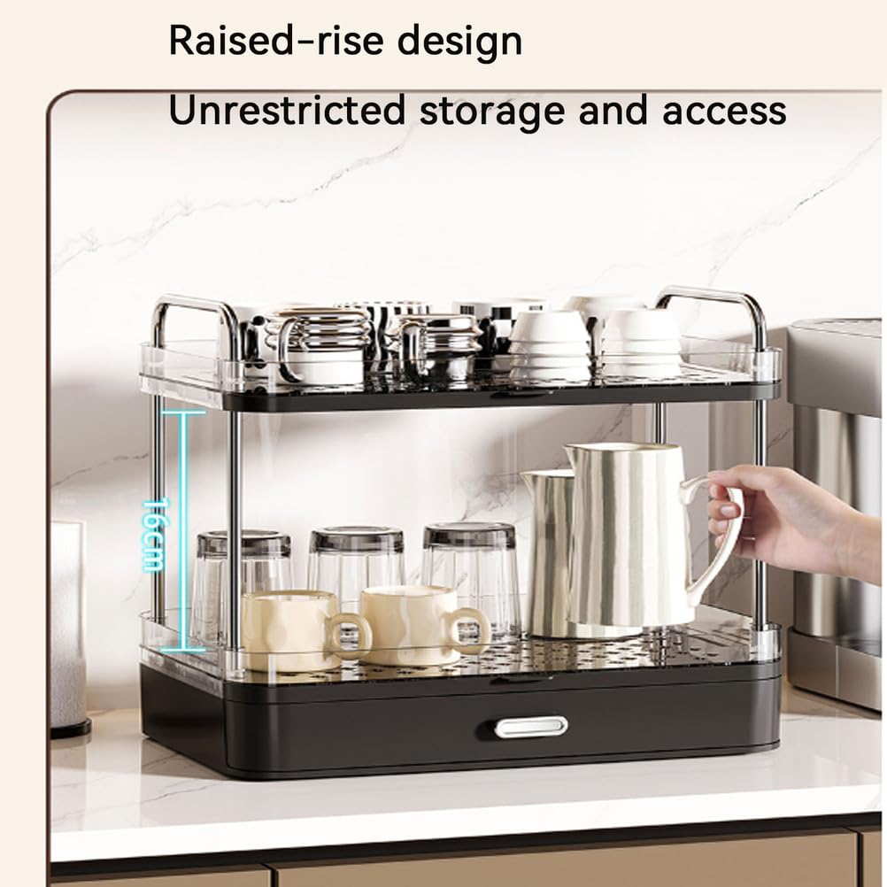 2-stöckige Kaffeestation mit ausziehbarer Schublade, Tassenhalter, Präsentationsständer, multifunktionales Aufsatzregal für Kaffeezubehör und Tassen