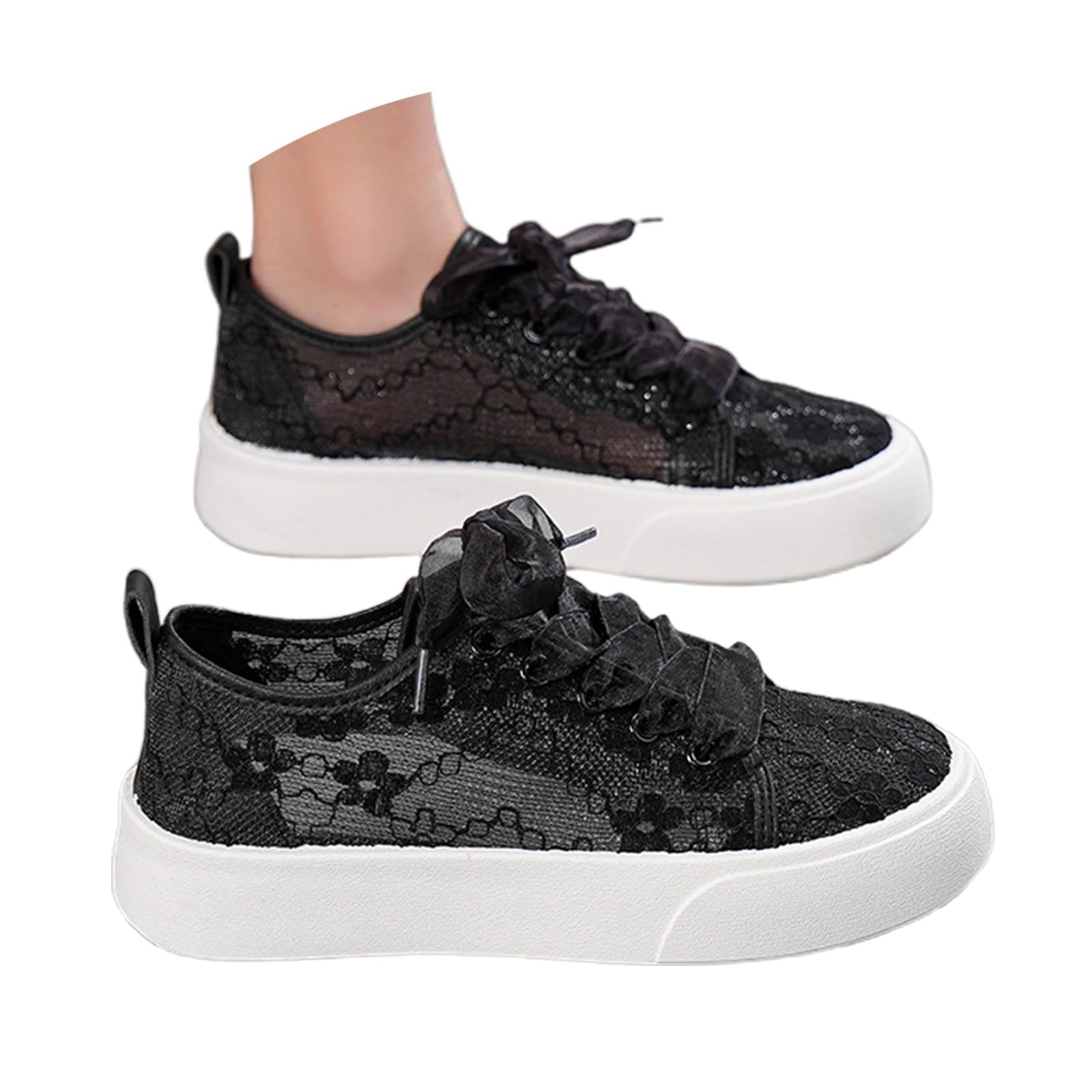Scarpe da ginnastica da donna in pizzo bianco, in rete trasparente, con fiori, ricamate, piatte e traspiranti, eleganti, per il tempo libero, per lo sport all'aria aperta