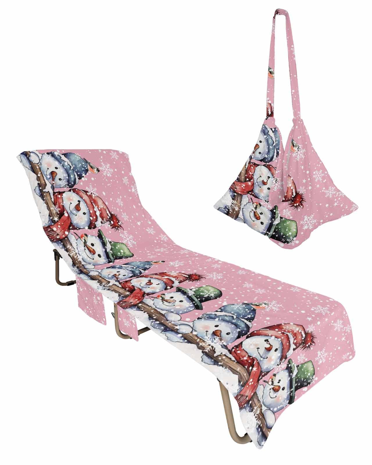 Christmas Pink Beach Chair Towel Covers for Chaise Lounge With Side Pocket, Soft Plush Pool Towels Cover for Patio Sunbathing Outdoor 29''x85'' Winter Snowflake Snowman