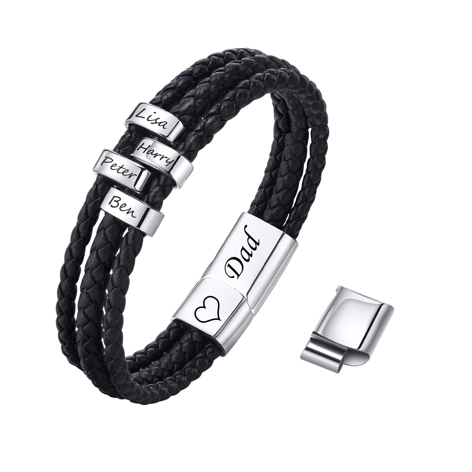 Personalized Fathers Day Gift for Dad Bracelet with 1-9 Names, Custom Genuine Braided Black Leather ID Bracelets Father's Day Jewelry Gifts for Dad