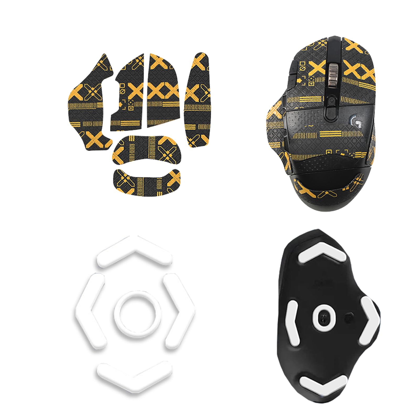 NOUKAJU Mouse Grip Tape for Logitech G604 Gaming Mouse, Rounded Curved Edges Mouse Feet Skates,Self-Adhesive PreCut Sweat-Resistant Professional Mice Upgrade Kit(Foot pad + Black-Gold Mouse Tape)