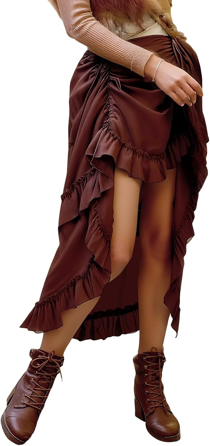 Steampunk Victorian Cosplay Costume Womens Medieval Renaissance Gothic Skirt High Low Show Ruffled Skirt