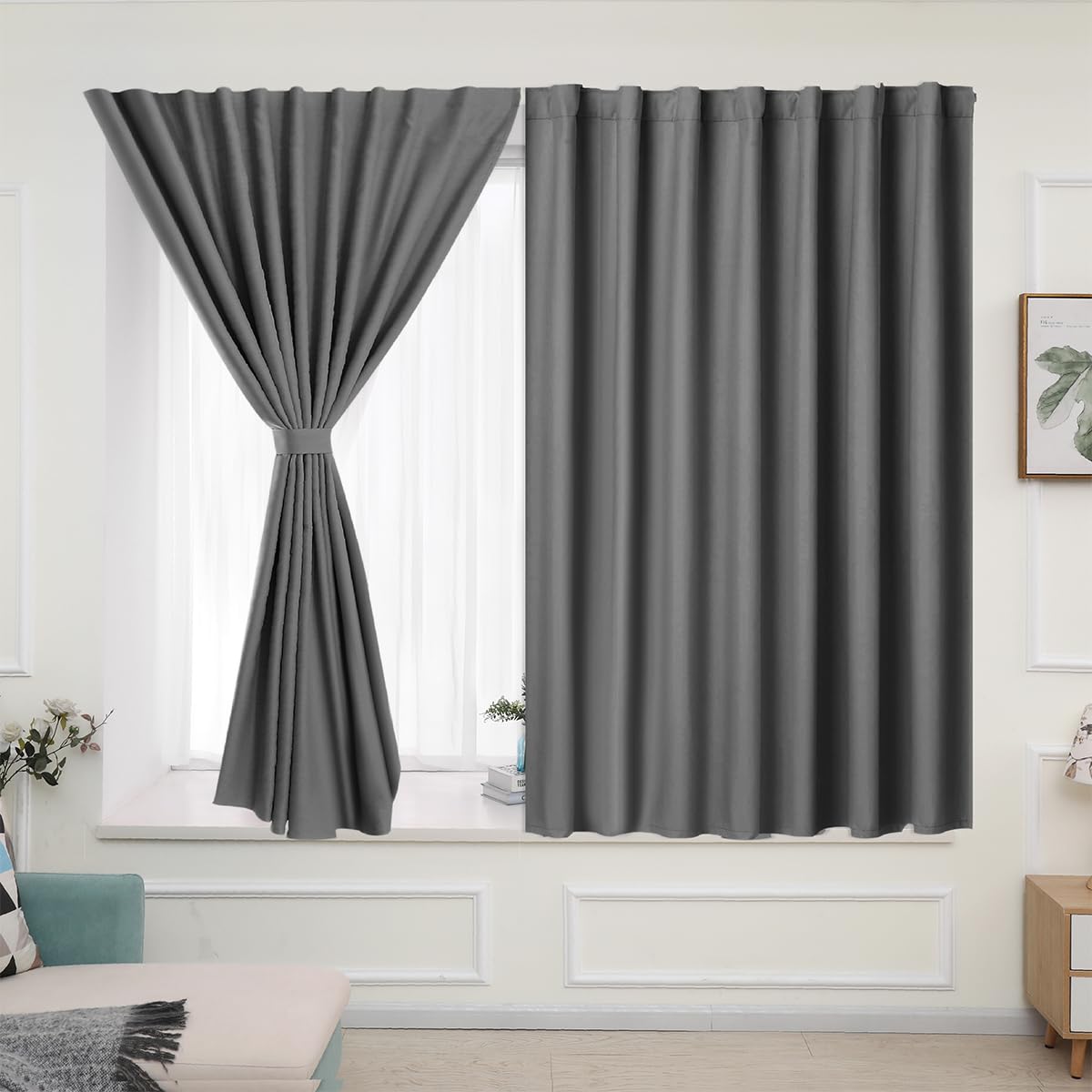 Muamar Tende oscuranti in velcro, 2 pannelli (grigio, 73,7 cm di larghezza x 114,3 cm di lunghezza), senza aste, facili da installare per finestra, camera da letto, cucina, porta del bagno, armadio
